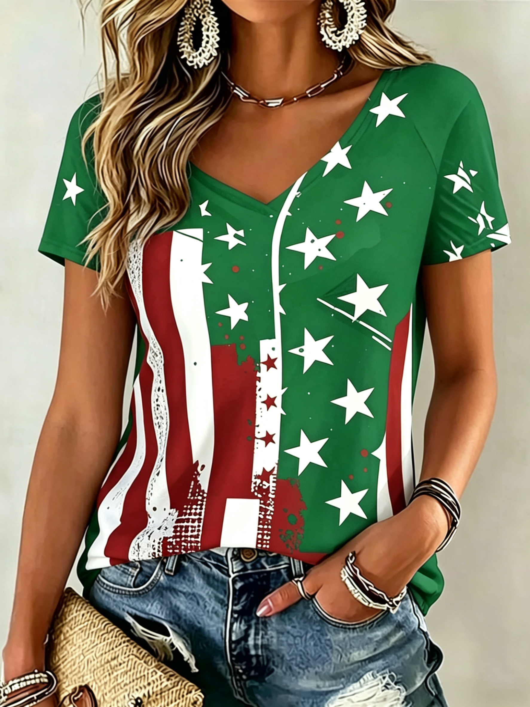 Retro American Flag Star Print V Neck Short Sleeve Casual T-Shirt for Women