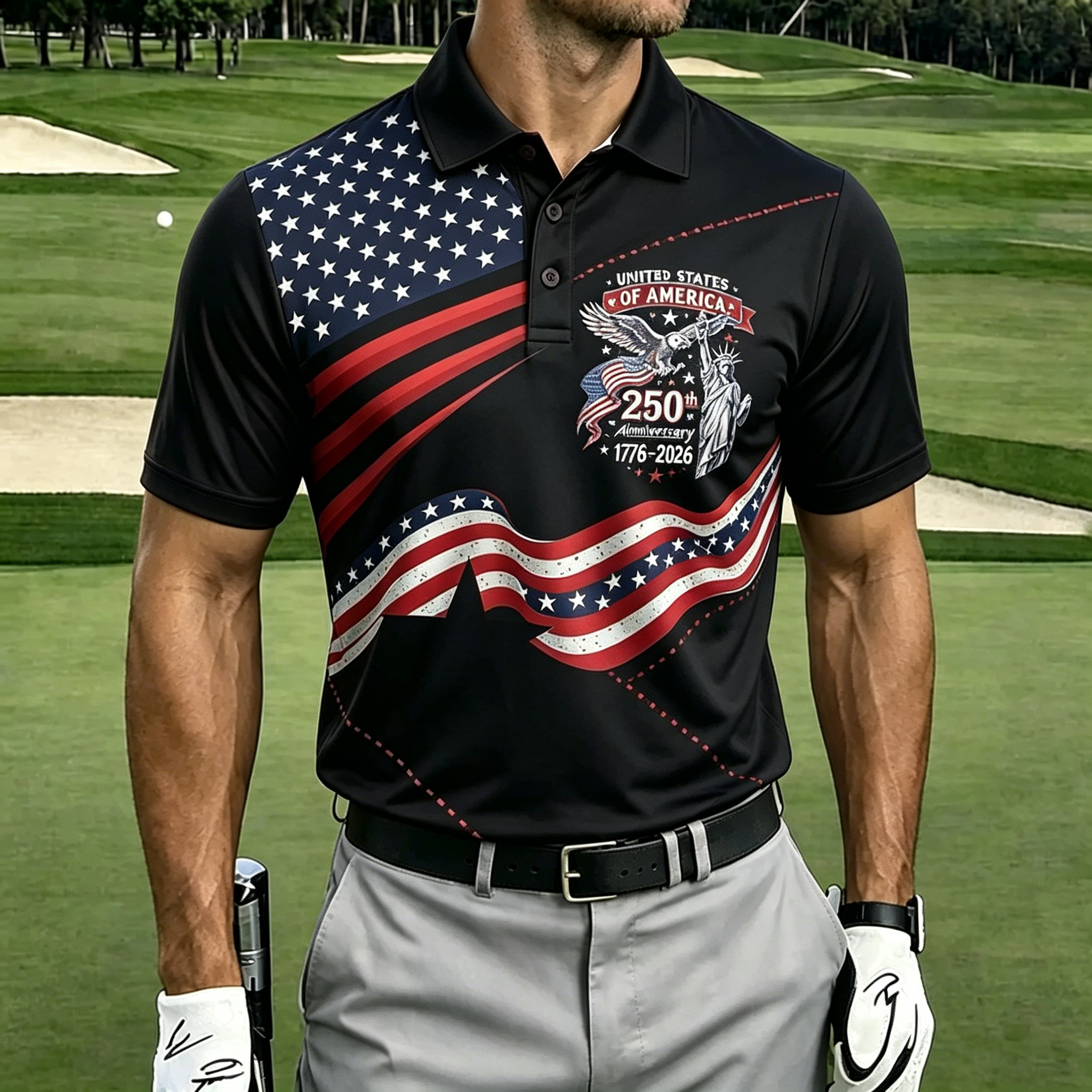 250th Eagle Liberty Star Stripe Gradient Collared Golf Polo Shirt for Men