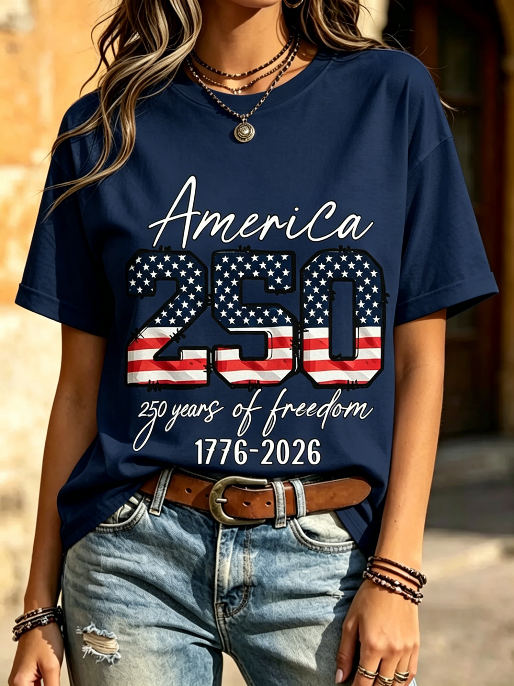 America 250 Years Of Freedom 1776-2026 American Flag Print Crew Neck Patriotic Casual Short Sleeve T-Shirt