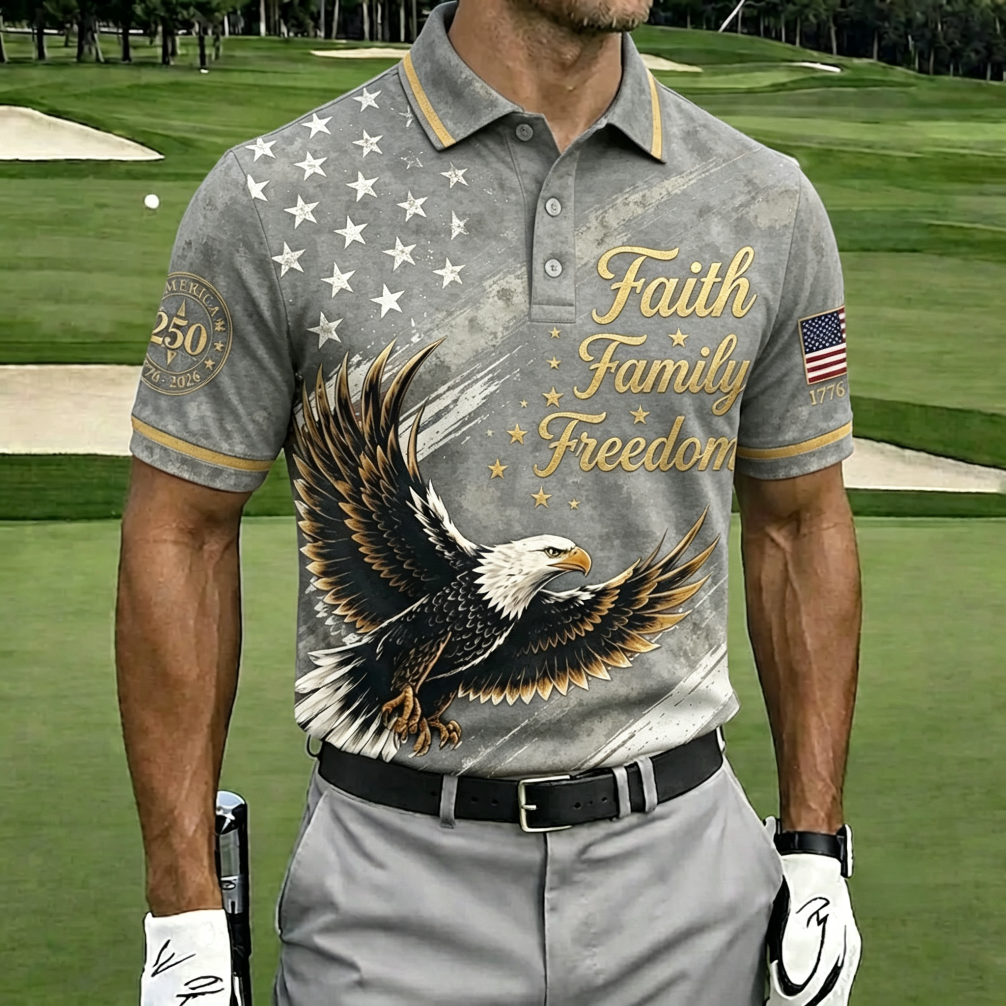 Faith Family Freedom Eagle USA Flag Vintage Men’s Golf Polo