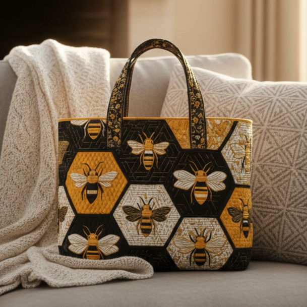 Honeycomb Bee Embroidery Quilted Canvas Large Tote Bag, Black Gold Hexagon Pattern Casual Shopping Shoulder Handbag