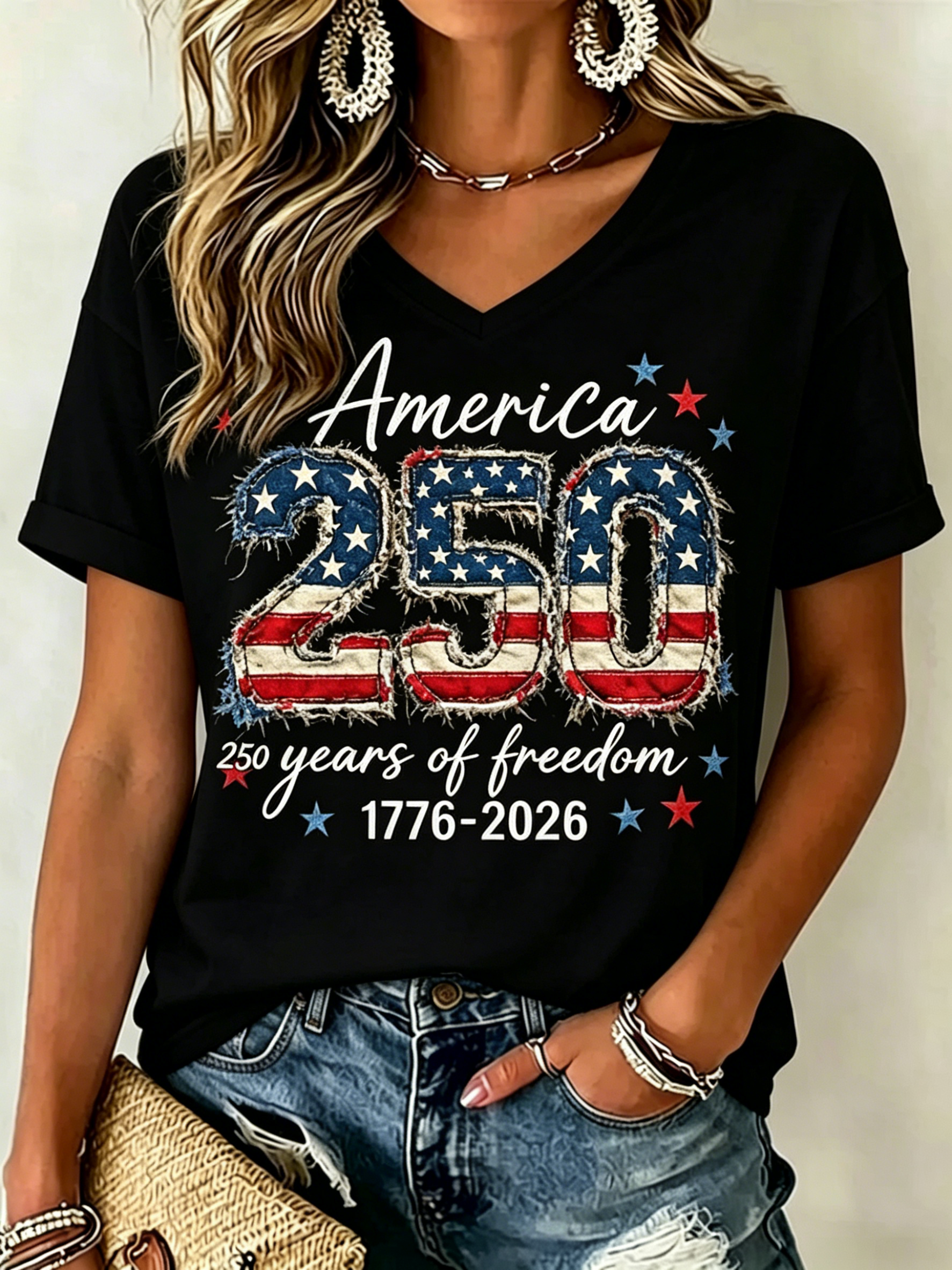 Vintage US Flag America 250 Years of Freedom 1776-2026 Patriotic Print V Neck Oversized Women Casual Short Sleeve T-Shirt