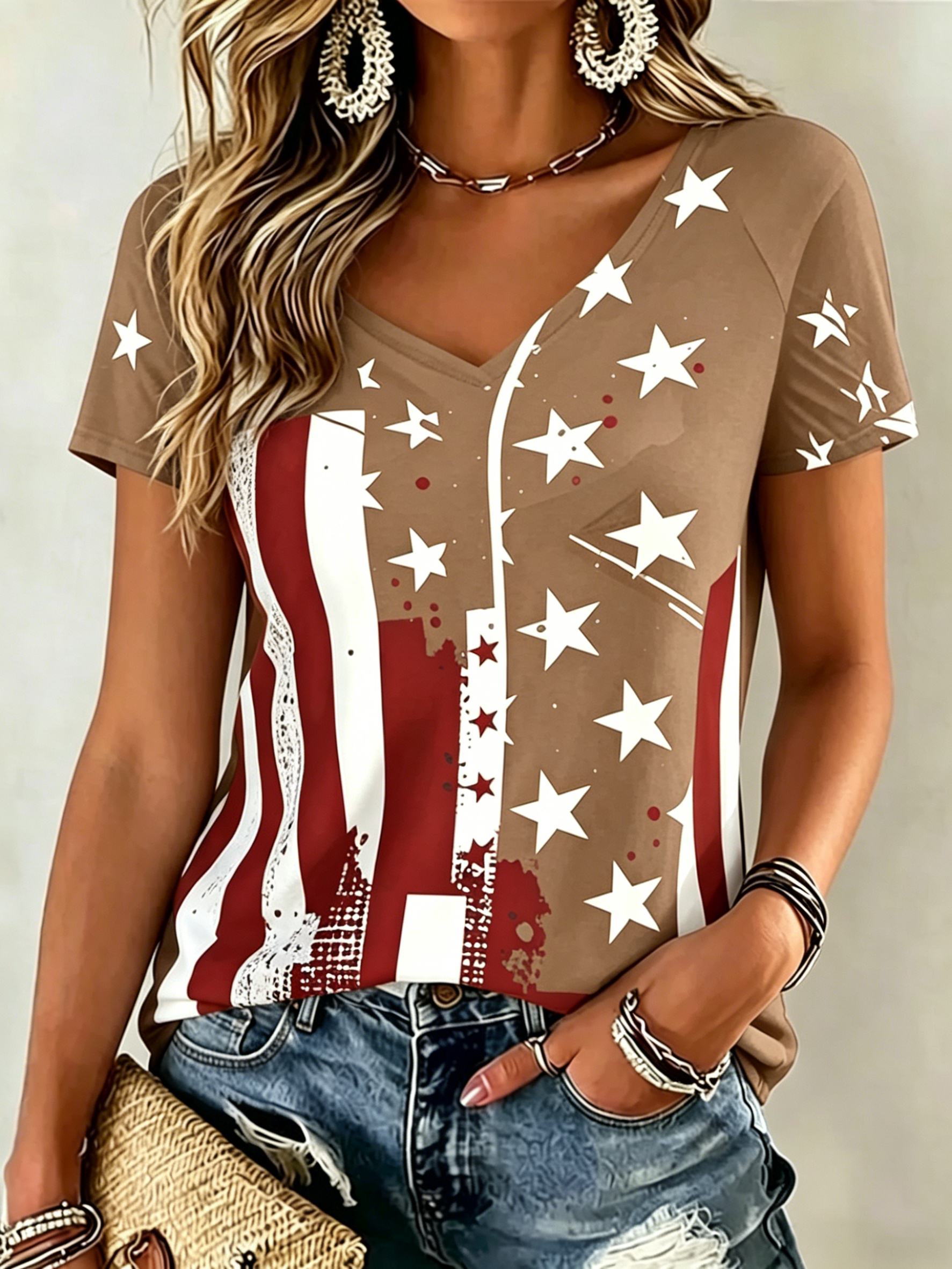 Retro American Flag Star Print V Neck Short Sleeve Casual T-Shirt for Women