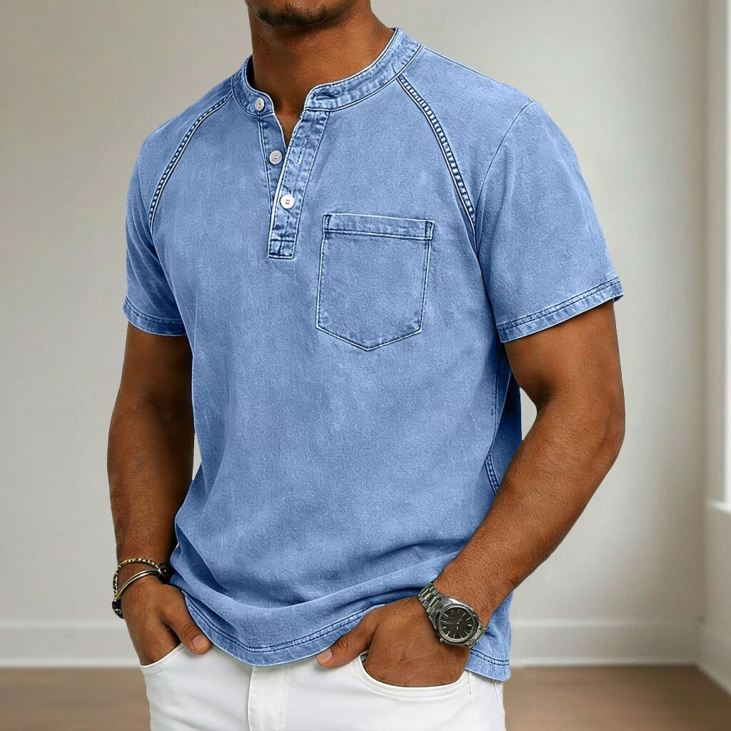 Henley Chest Pocket Washed Raglan Short Sleeve Tee for Men