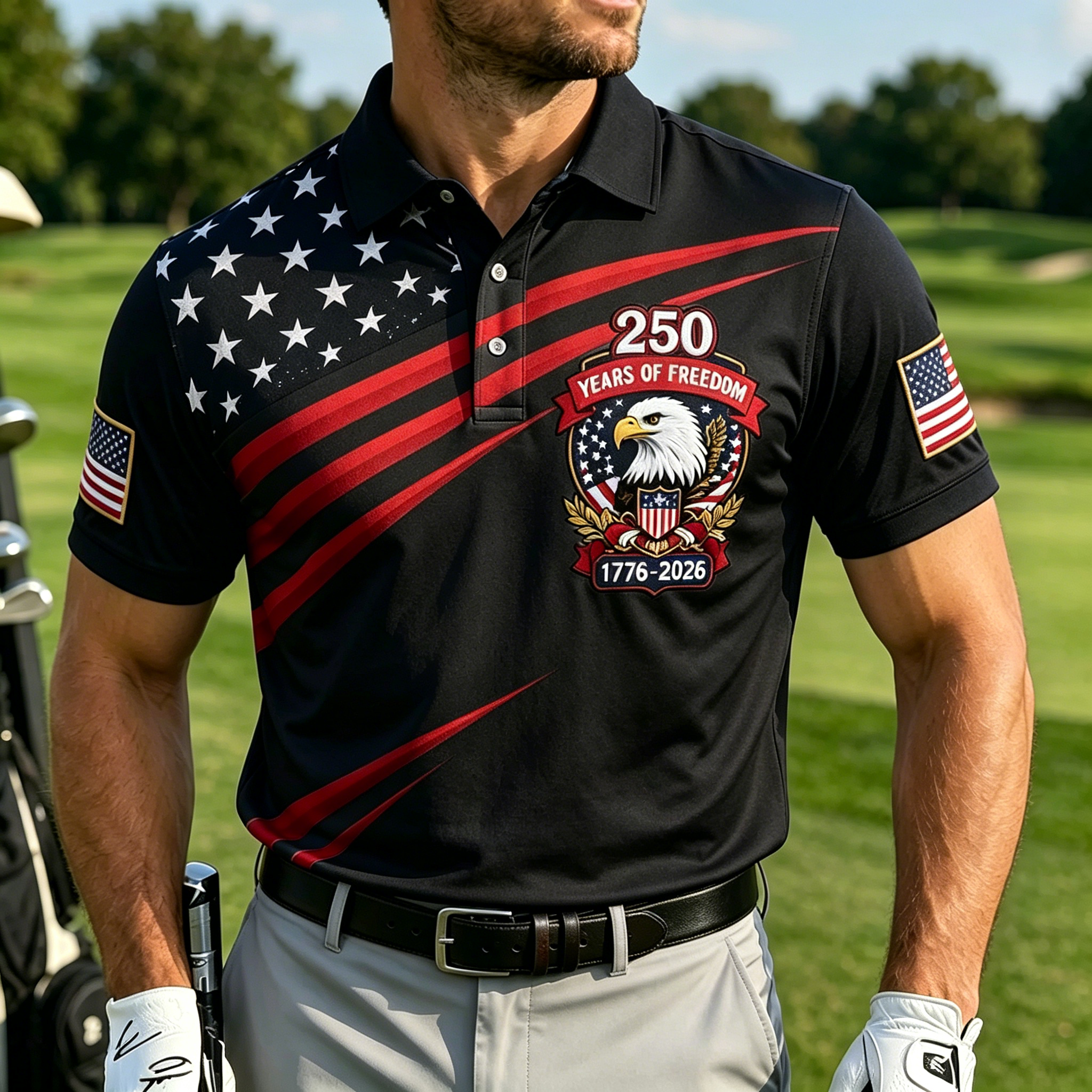 Patriotic Eagle Diagonal USA Flag Print Contrast Collar Golf Polo Shirt for Men