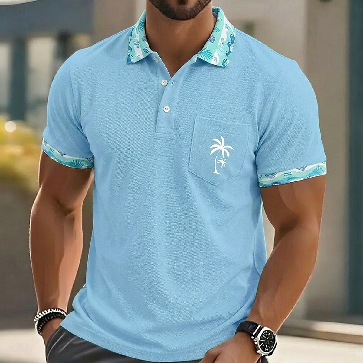 Palm Tree Embroidery Floral Trim Collar Pocket Golf Polo Shirt for Men