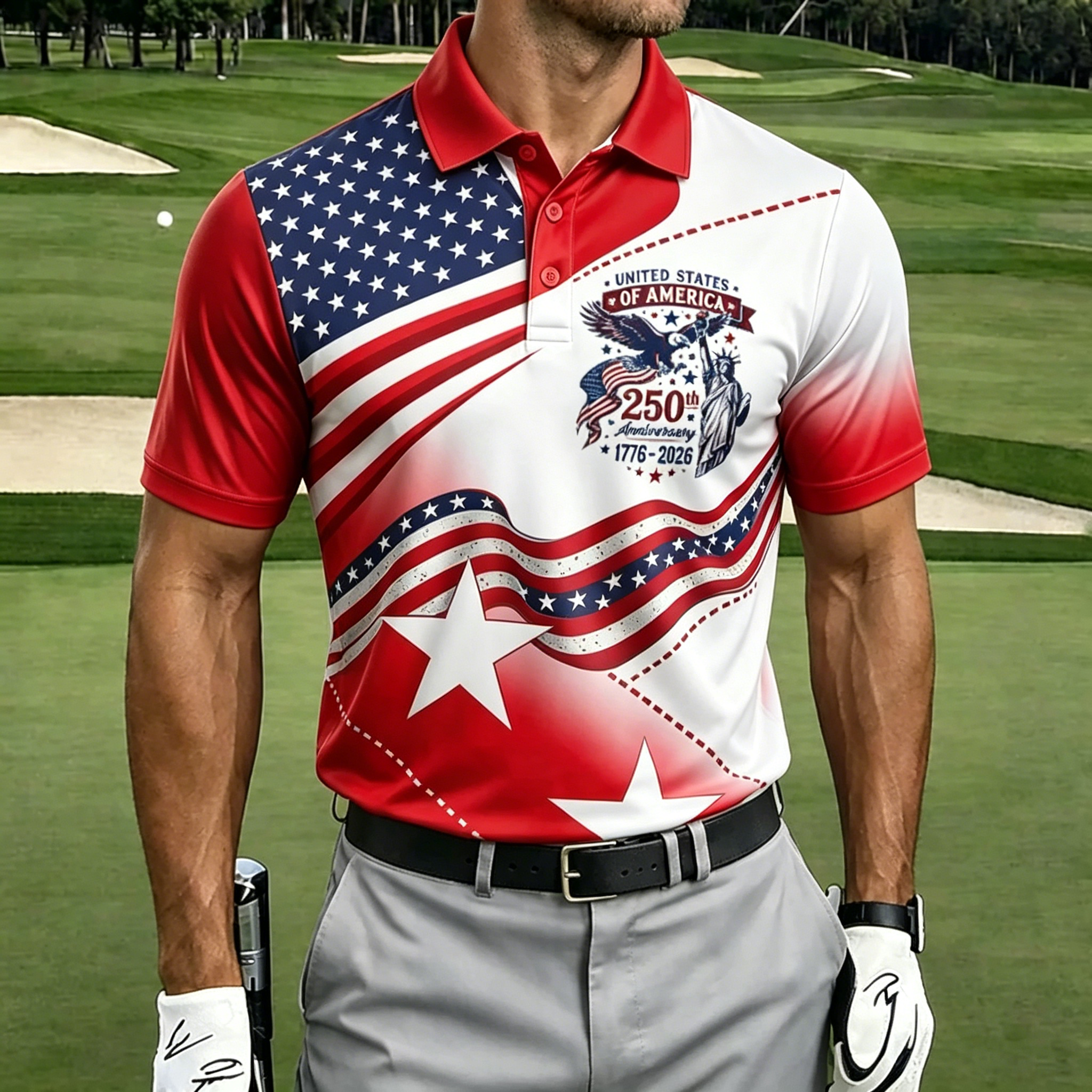 250th Eagle Liberty Star Stripe Gradient Collared Golf Polo Shirt for Men