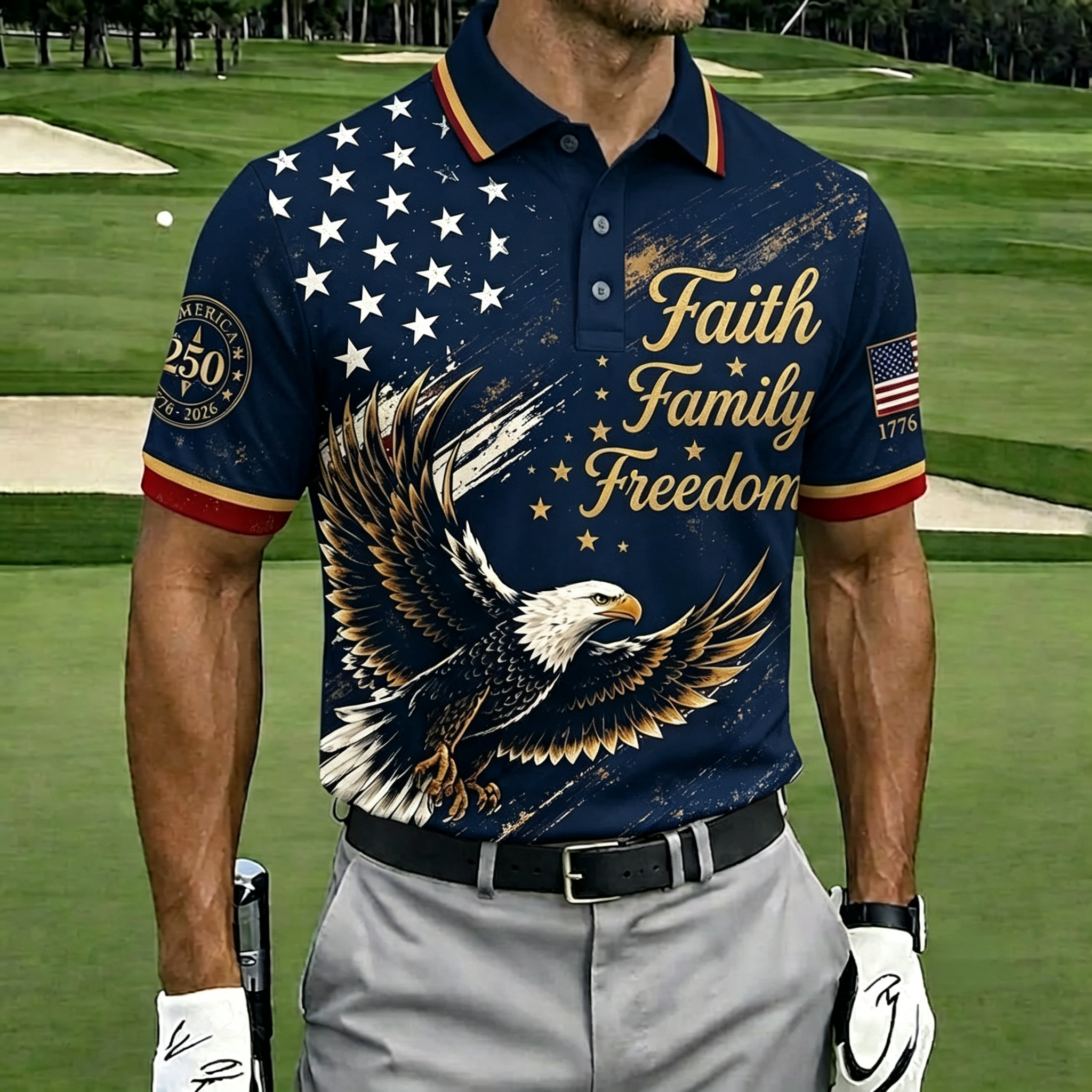 Faith Family Freedom Eagle USA Flag Vintage Men’s Golf Polo