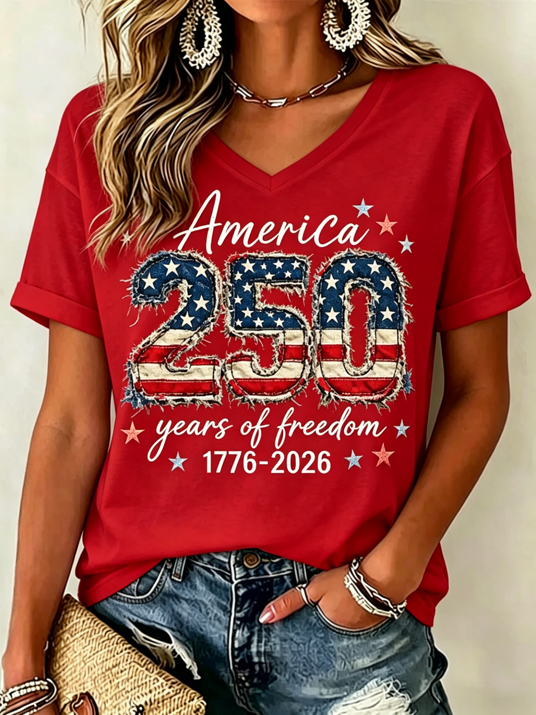 Vintage US Flag America 250 Years of Freedom 1776-2026 Patriotic Print V Neck Oversized Women Casual Short Sleeve T-Shirt