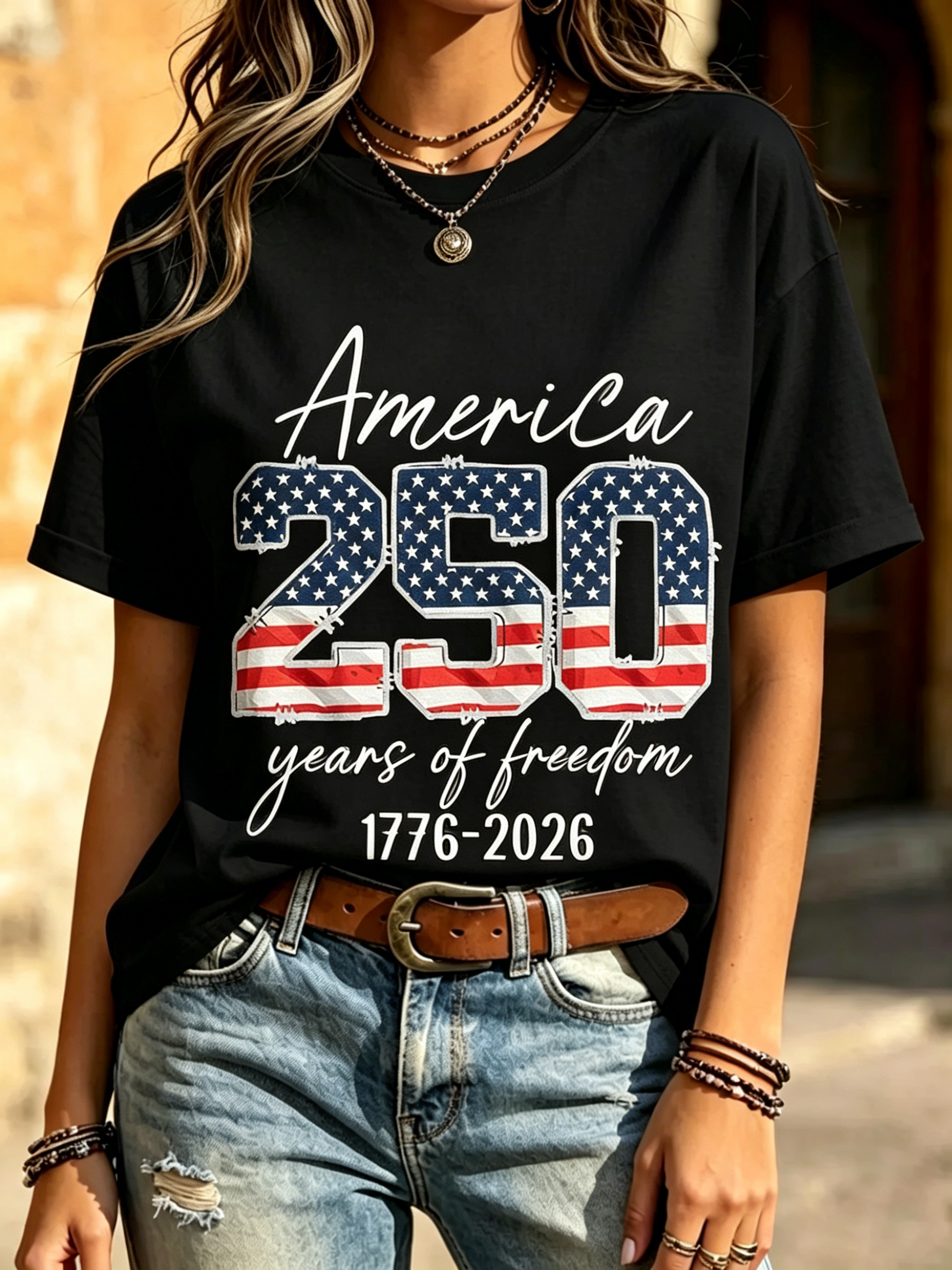 America 250 Years Of Freedom 1776-2026 American Flag Print Crew Neck Patriotic Casual Short Sleeve T-Shirt