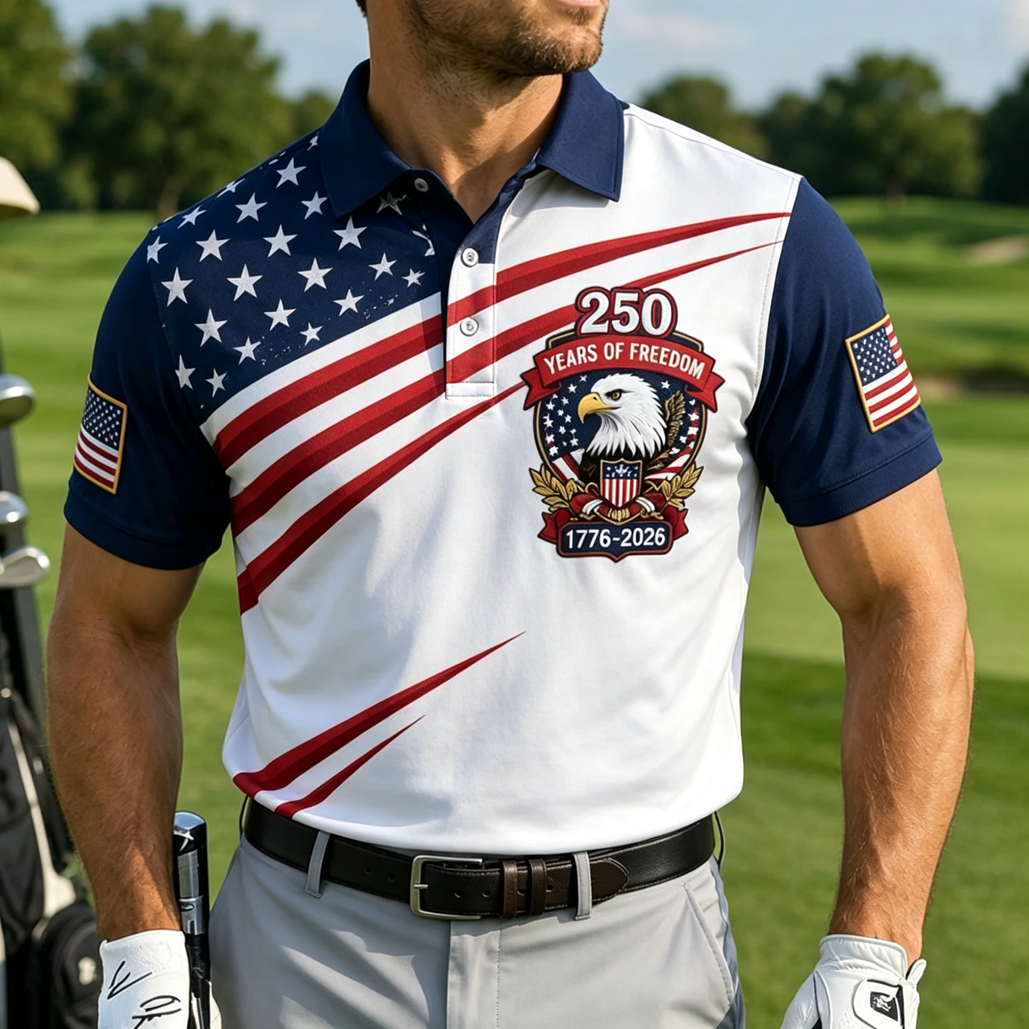 Patriotic Eagle Diagonal USA Flag Print Contrast Collar Golf Polo Shirt for Men