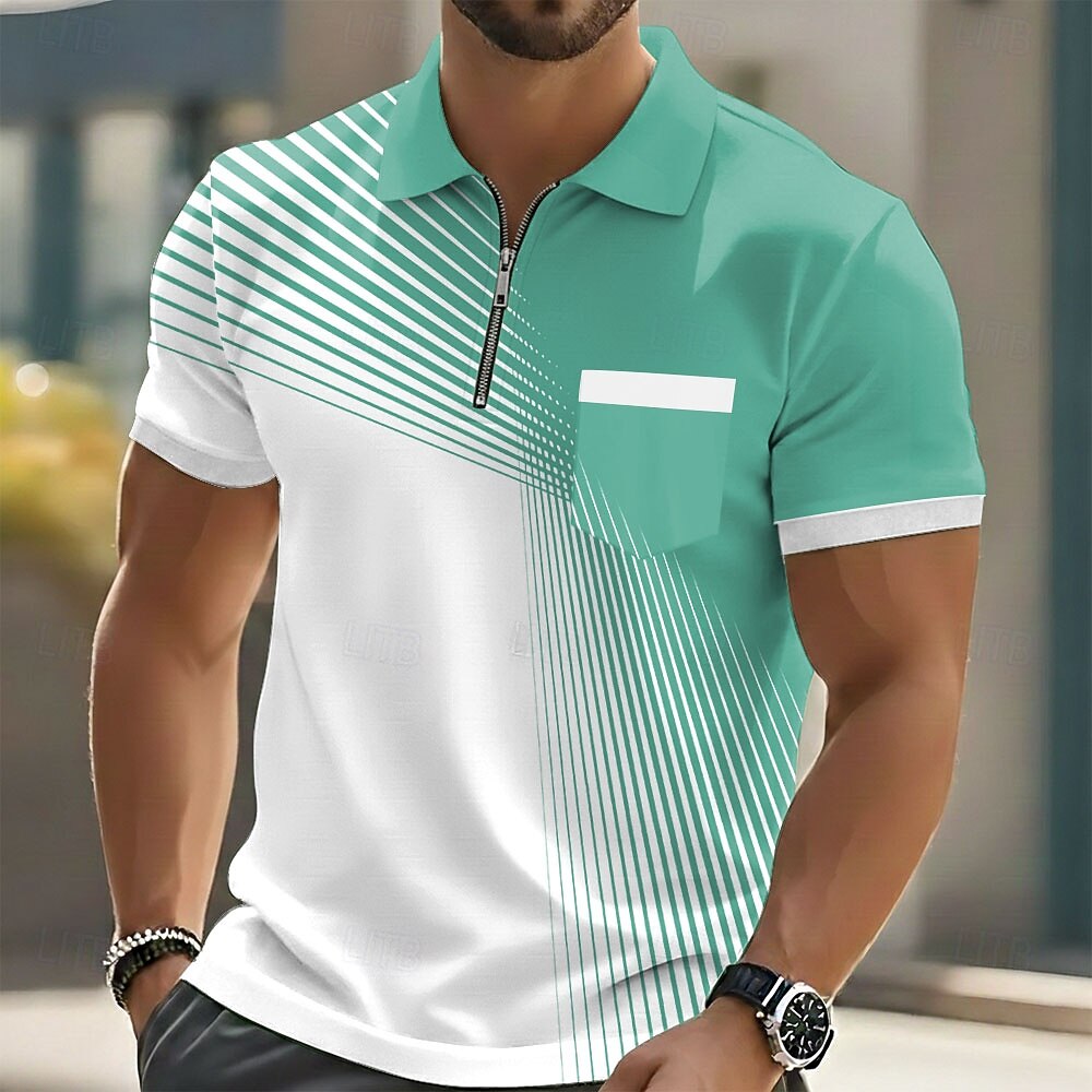 Gradient Line Zip Collar Pocket Short Sleeve Polo Shirt for Men