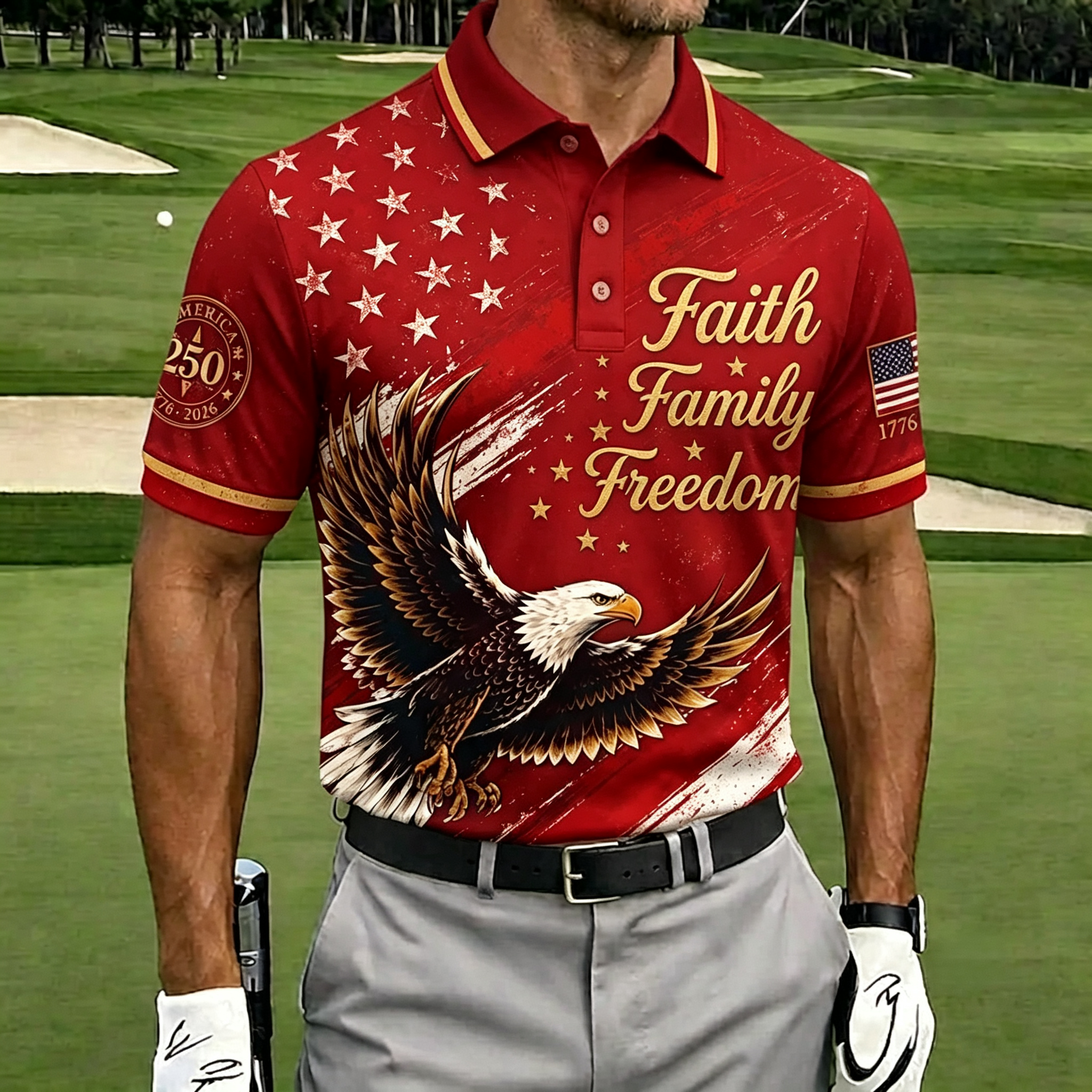 Faith Family Freedom Eagle USA Flag Vintage Men’s Golf Polo