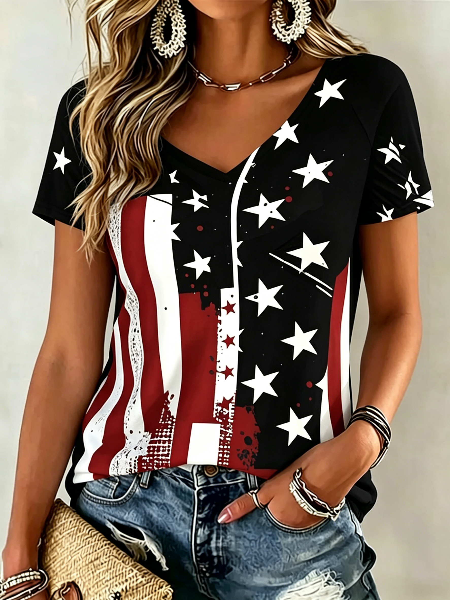 Retro American Flag Star Print V Neck Short Sleeve Casual T-Shirt for Women