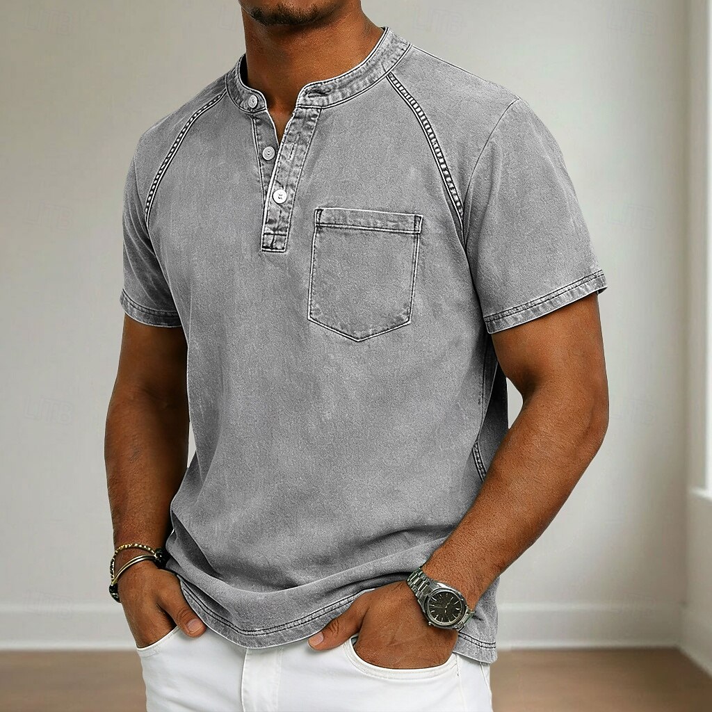 Henley Chest Pocket Washed Raglan Short Sleeve Tee for Men