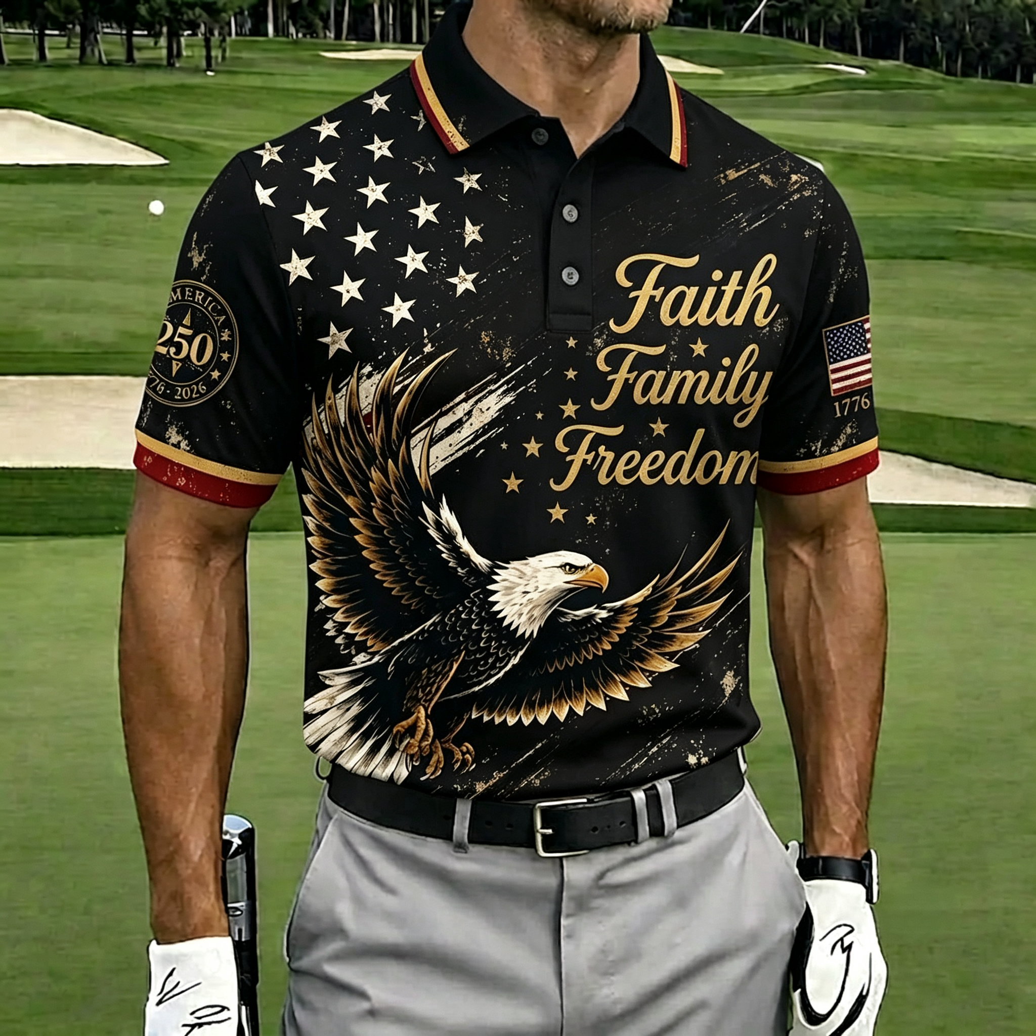 Faith Family Freedom Eagle USA Flag Vintage Men’s Golf Polo