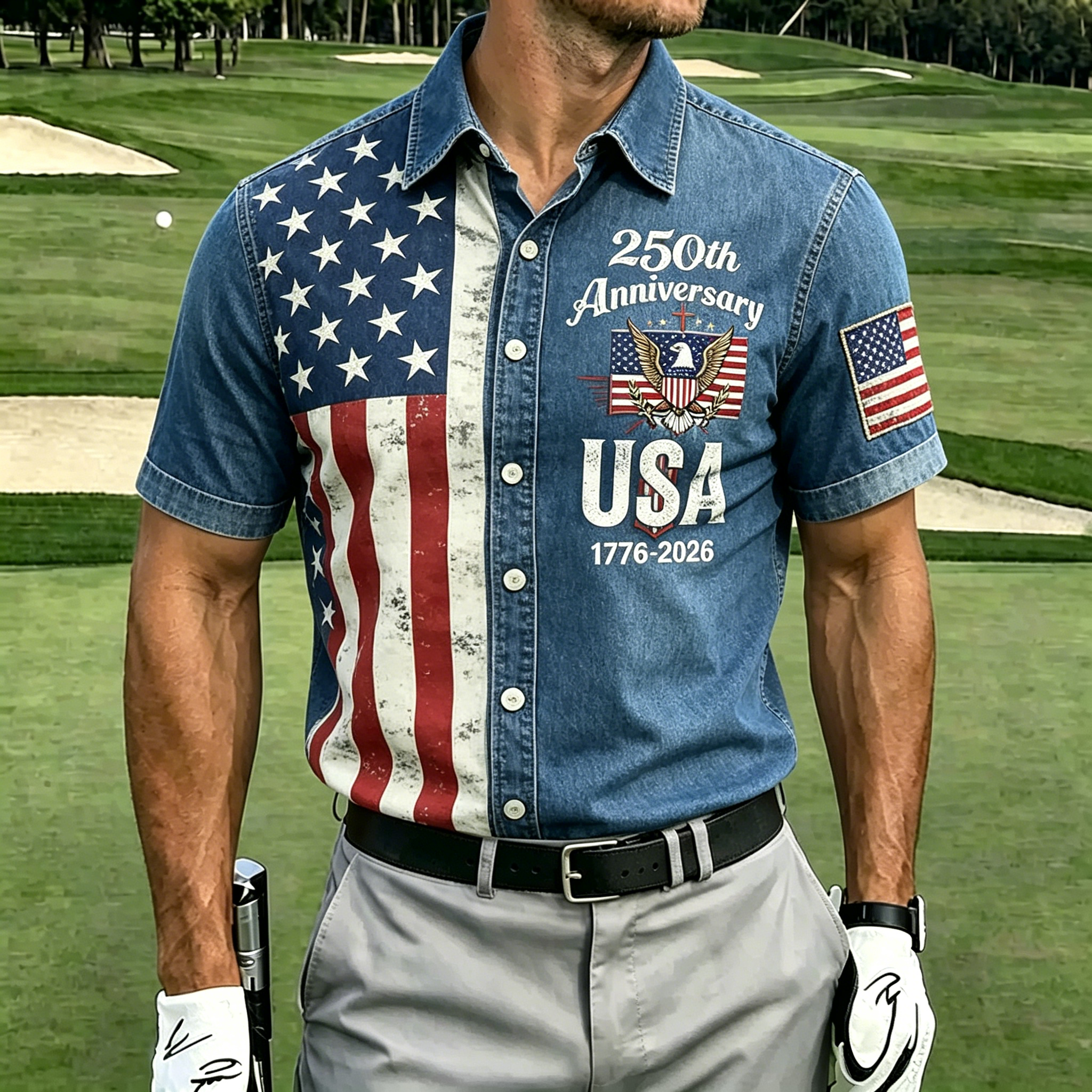 USA 250th Anniversary Denim Button-Down Shirt – Vintage American Flag & Eagle Print, Patriotic Short Sleeve Casual Top
