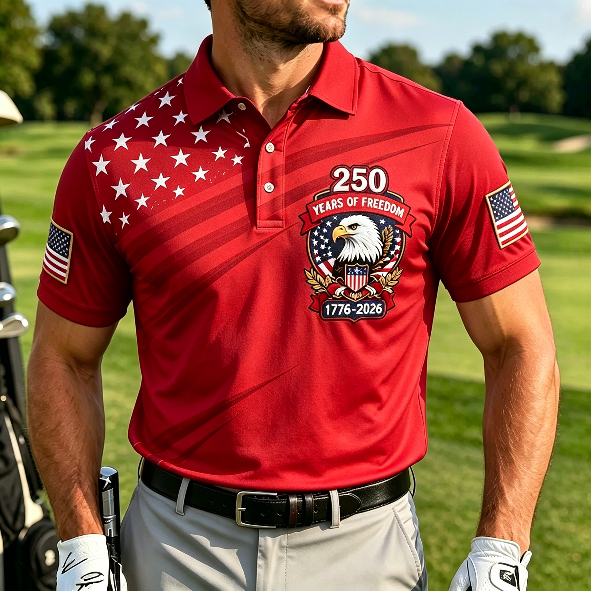 Patriotic Eagle Diagonal USA Flag Print Contrast Collar Golf Polo Shirt for Men