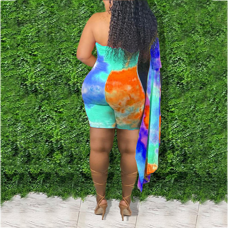 (L-5XL) Cotton tie-dye jumpsuit + long-sleeved cardigan