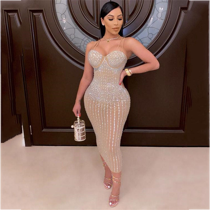(S-5XL) Victoriana Mesh bodysuit dress with iridescent rhinestones