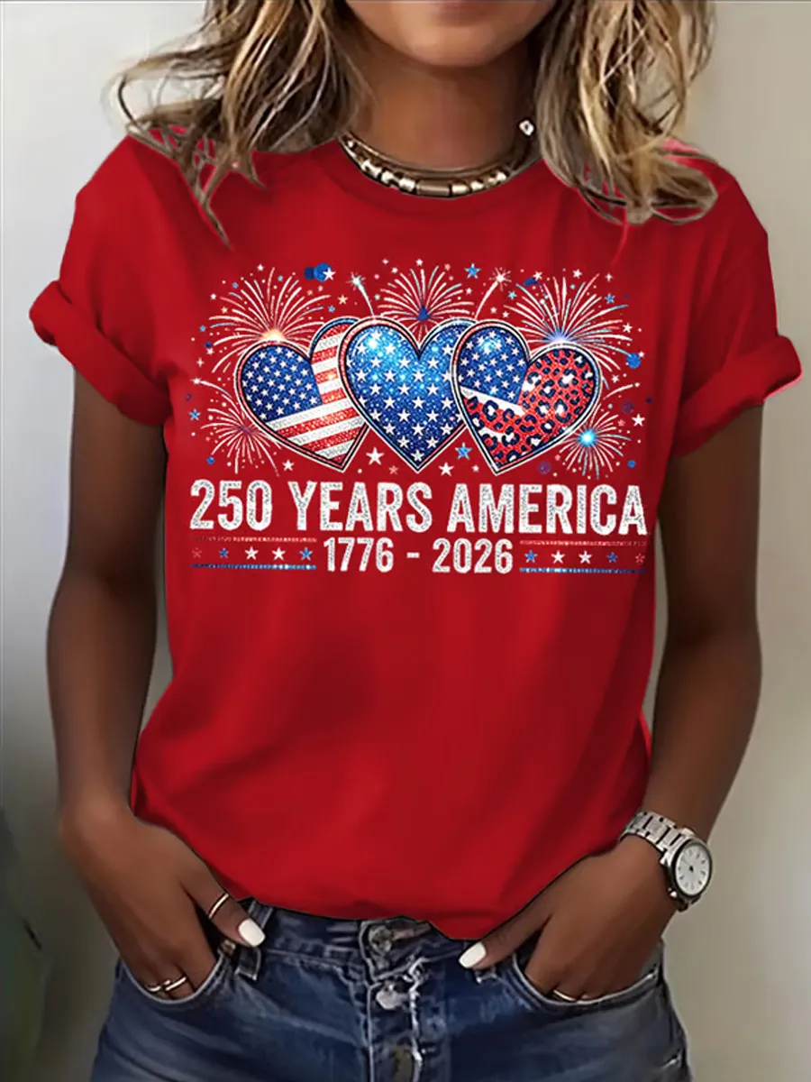 Women’s 250th Independence Day T-Shirt, Patriotic Heart & Fireworks Print Short Sleeve Tee