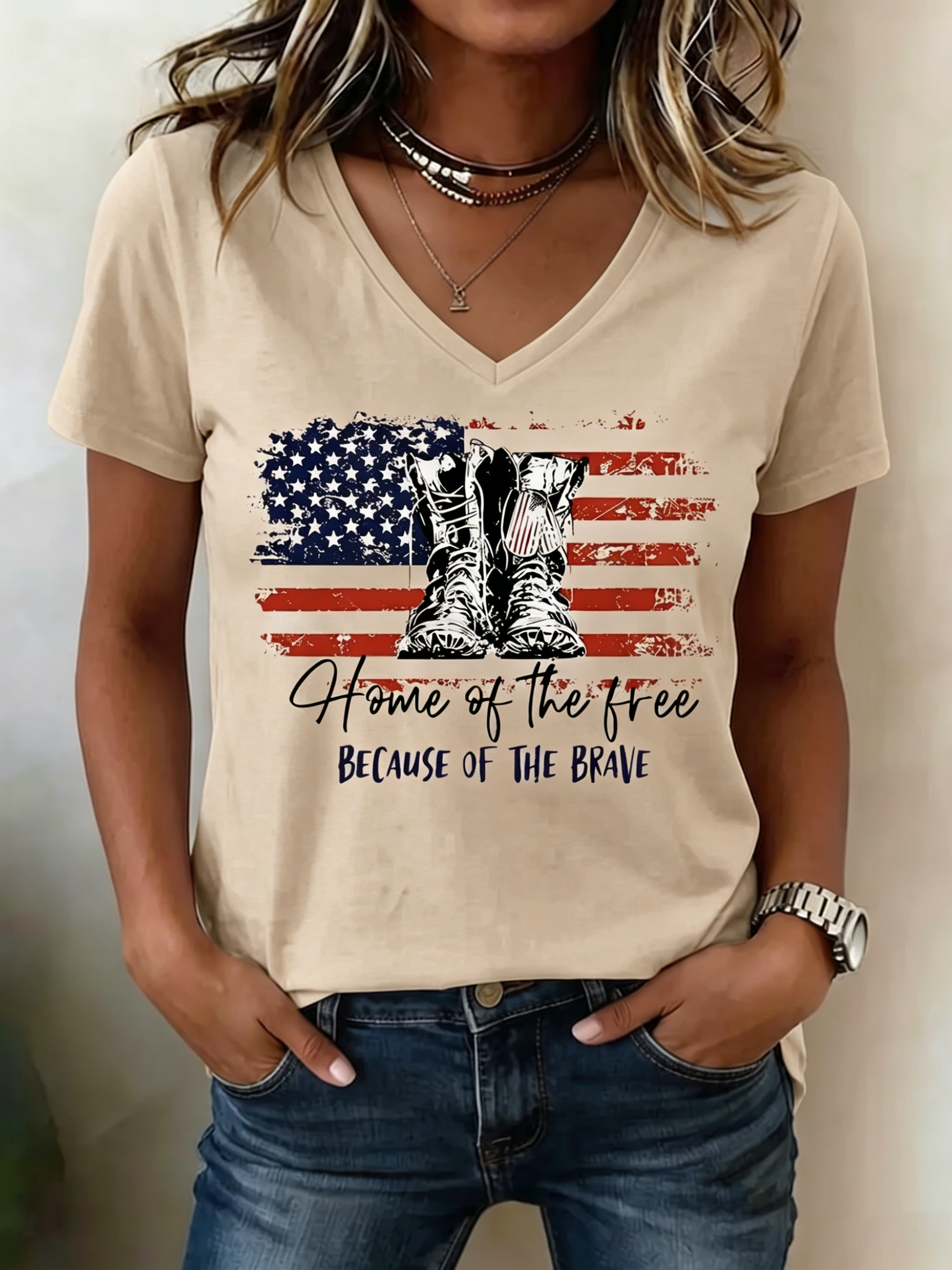 USA Flag Military Boot Home Of The Free Print V-Neck Casual Patriotic Short Sleeve Tee