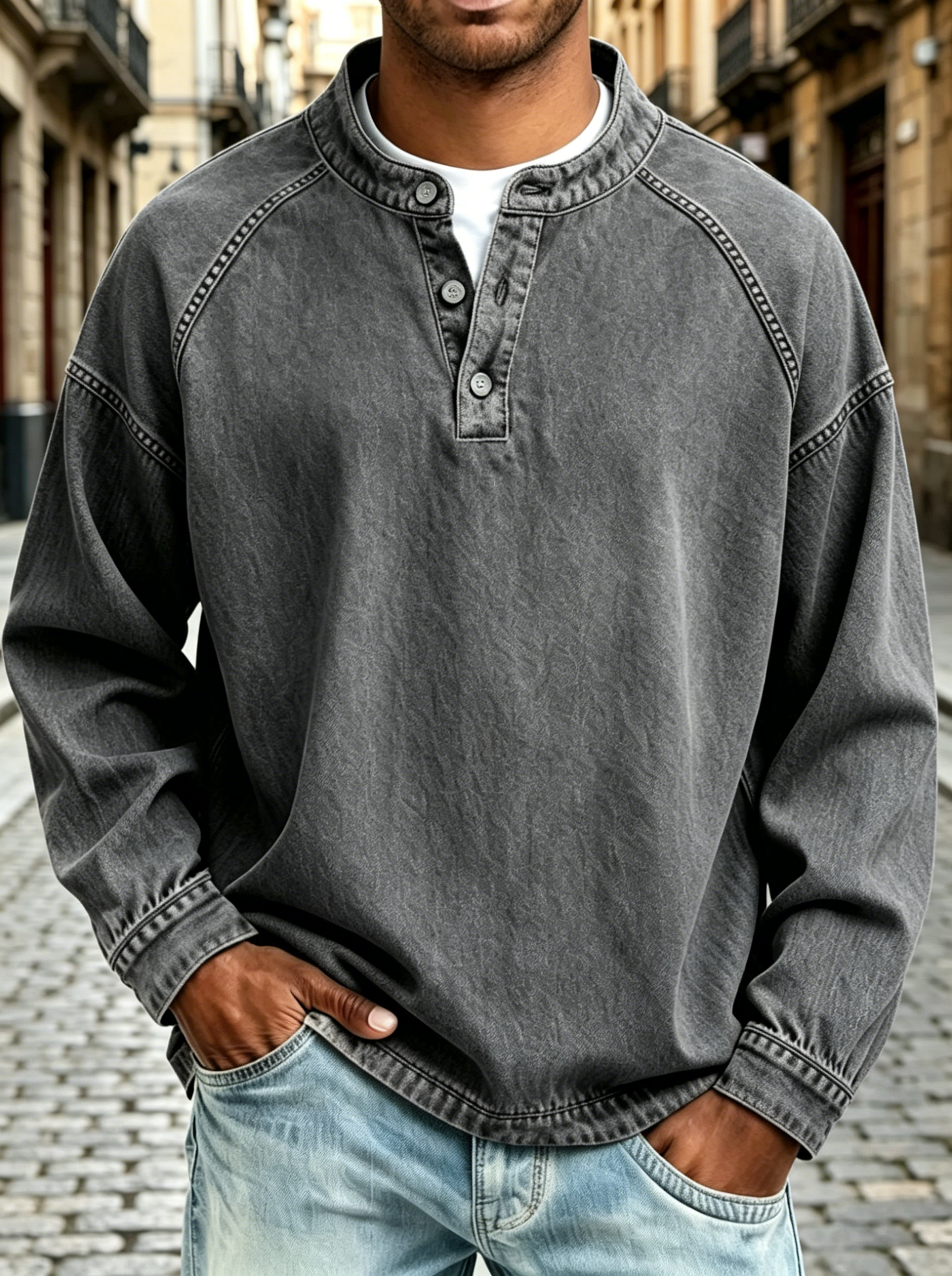Henley Collar Raglan Sleeve Washed Sweatshirt for Men