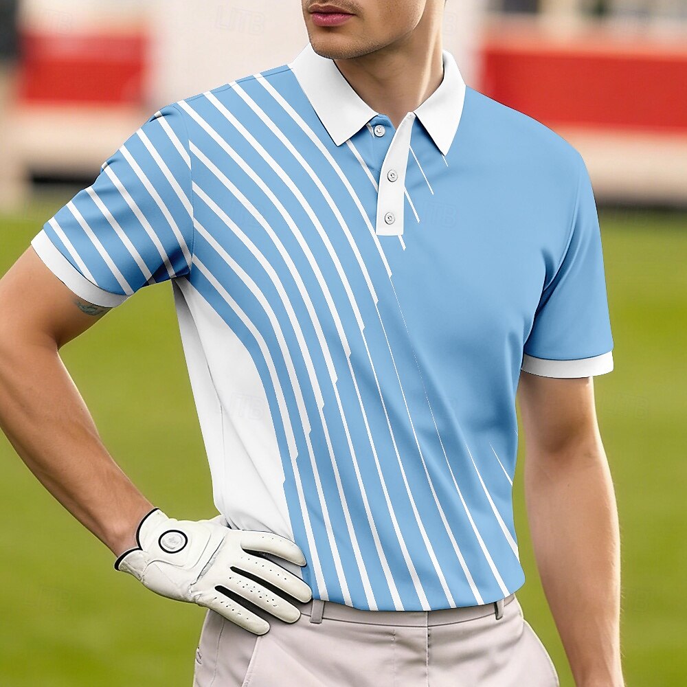 Curved Diagonal Stripe Color Block Contrast Collar Golf Polo Shirt for Men