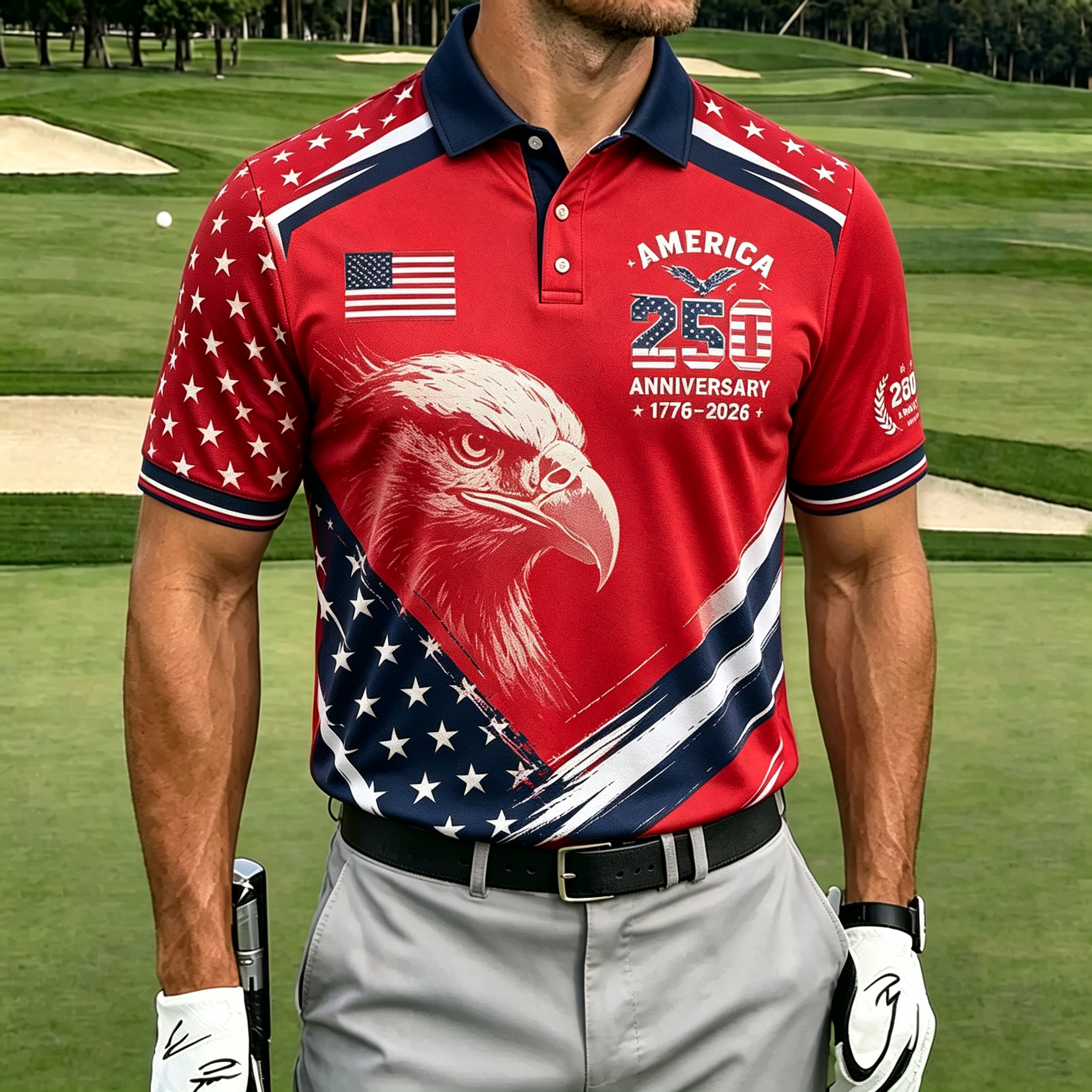 Gradient Star Stripe Flag Bald Eagle America Men Golf Polo