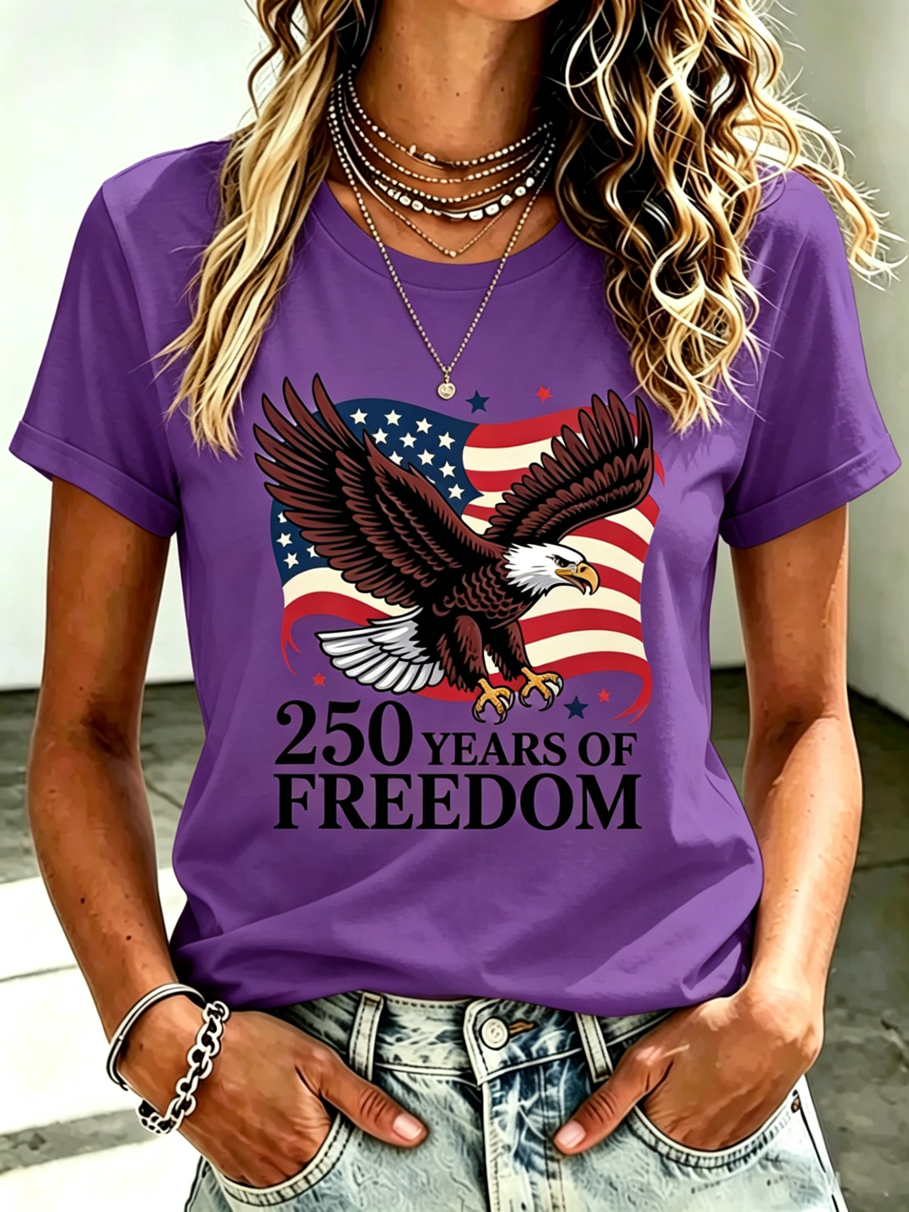 USA Independence Day Bald Eagle American Flag 250th Anniversary Print Oversized Crew Neck Women Casual Short Sleeve T-Shirt