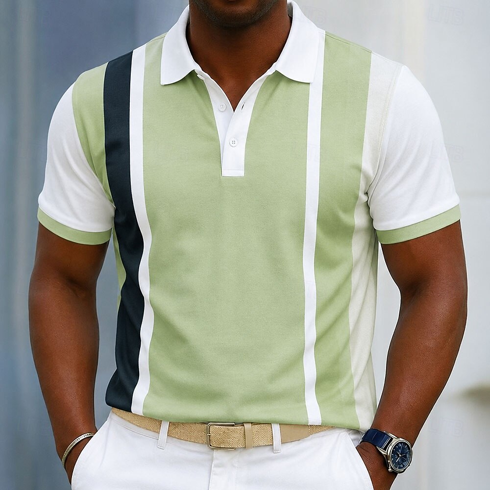 ertical Multi Stripe Color Block Contrast Collar Cuff Golf Polo Shirt for Men