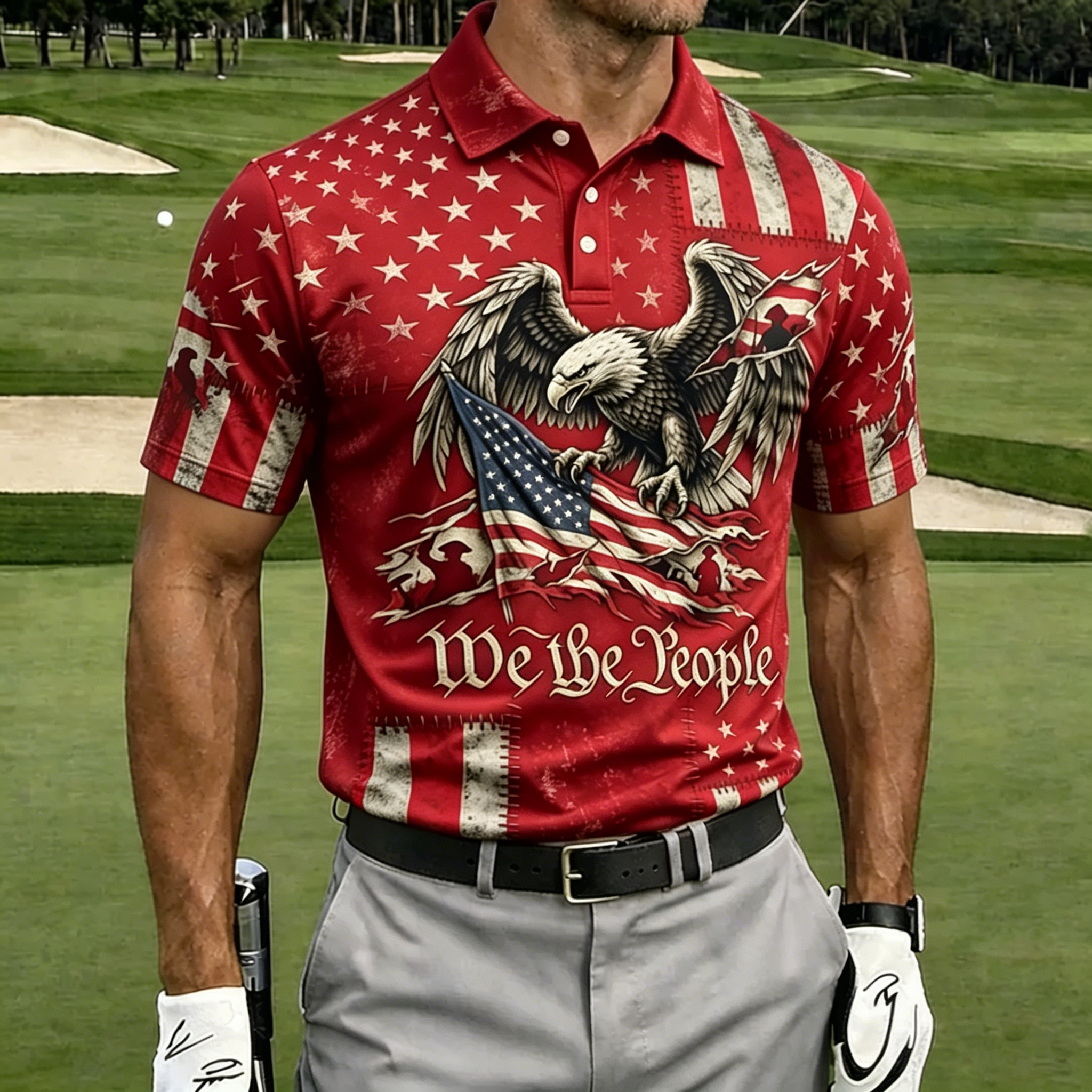 We The People Distressed Eagle Flag Full Print Black Collar Golf Polo Shirt for Men