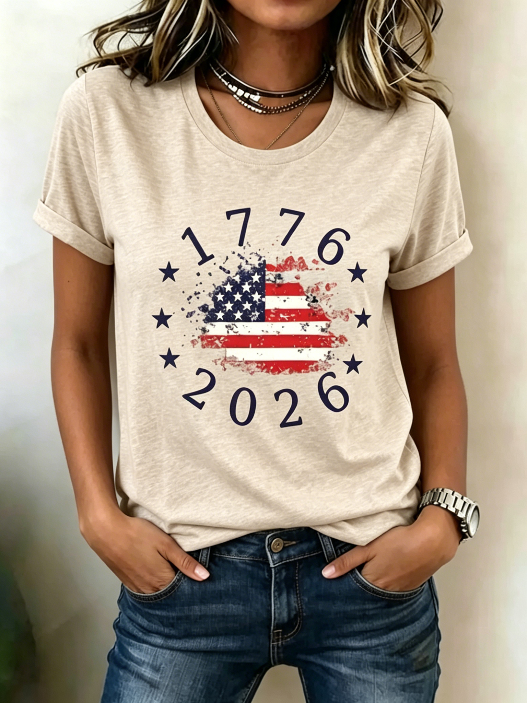 Vintage Distressed 1776-2026 American Flag Star Ring Patriotic Print Crew Neck Oversized Women Casual Short Sleeve T-Shirt