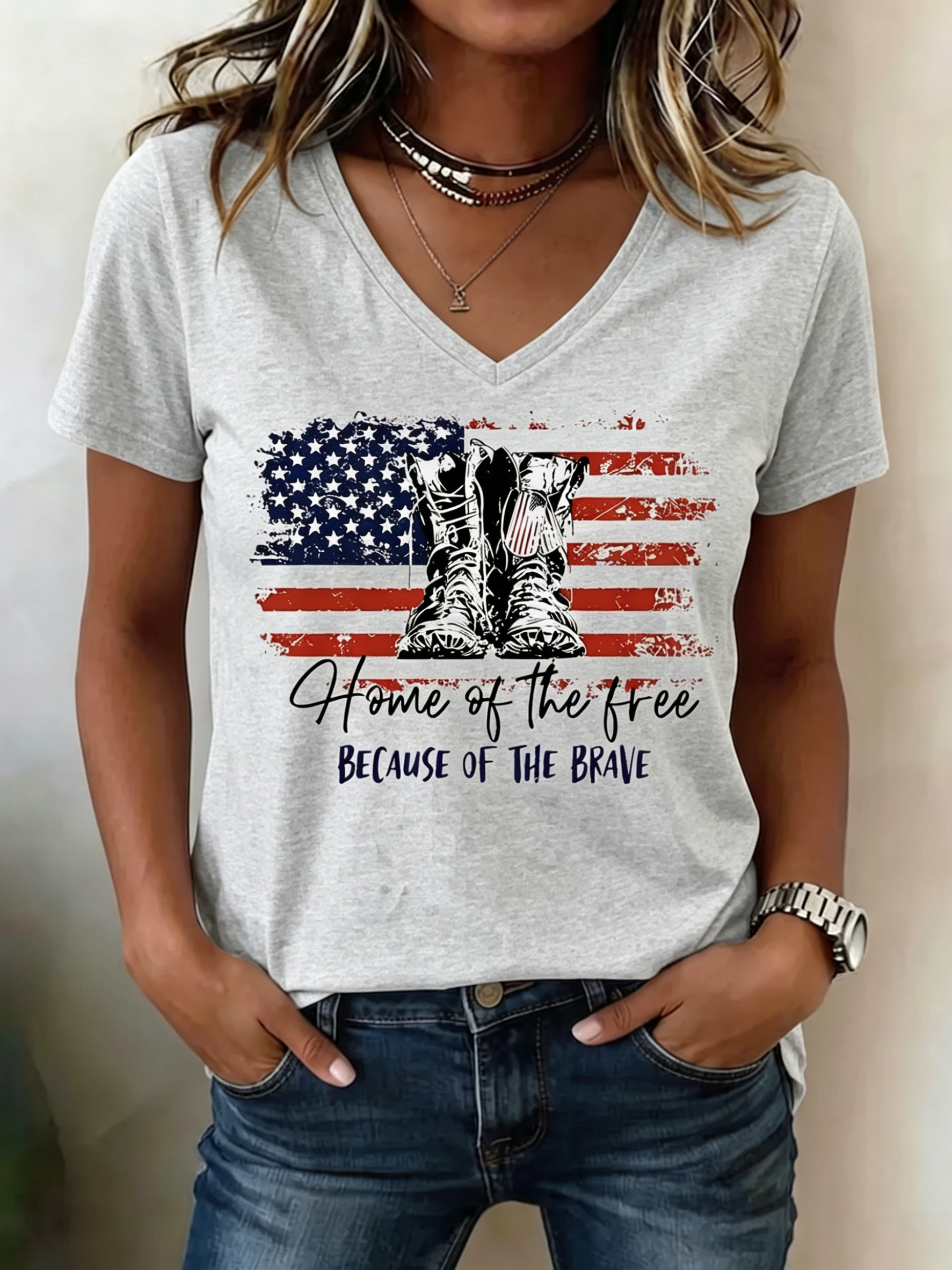 USA Flag Military Boot Home Of The Free Print V-Neck Casual Patriotic Short Sleeve Tee