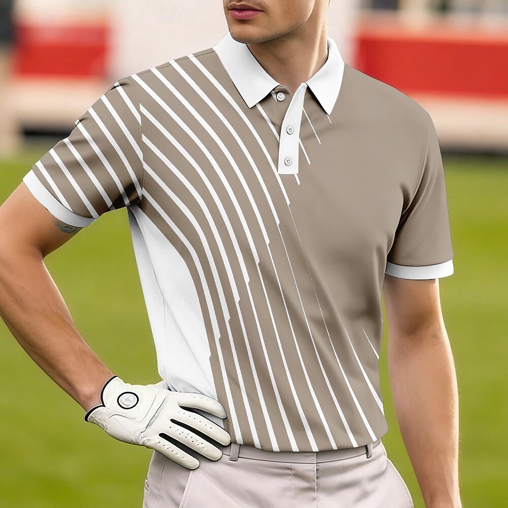 Curved Diagonal Stripe Color Block Contrast Collar Golf Polo Shirt for Men