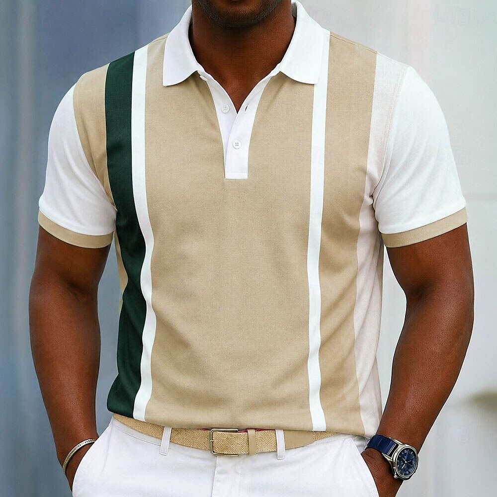 ertical Multi Stripe Color Block Contrast Collar Cuff Golf Polo Shirt for Men