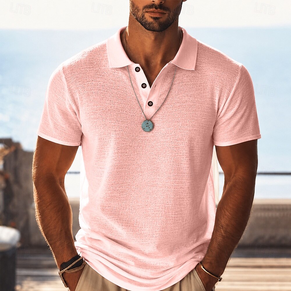 Waffle Knit Lapel Collar Short Sleeve Vacation Polo Shirt for Men