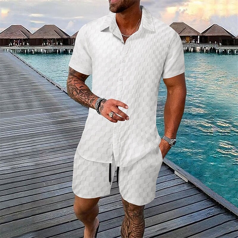 Grid Textured Matching Shirt Short Two Piece Vacation Set for Men