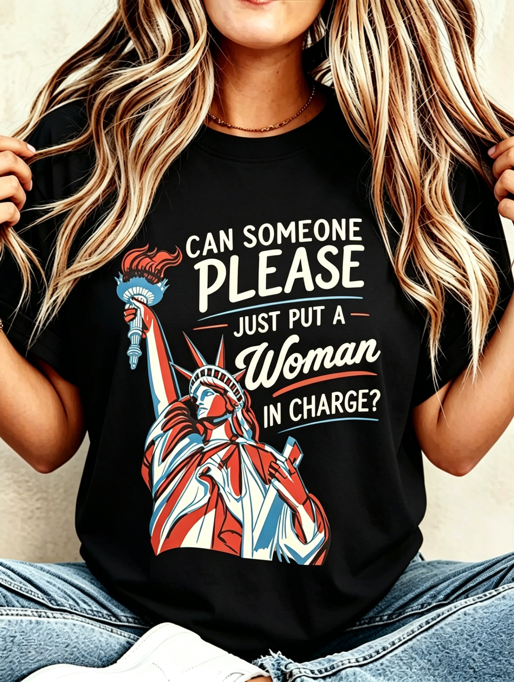 Flag Bow Cross God Bless America Patriotic Crew Neck T-Shirt for Women