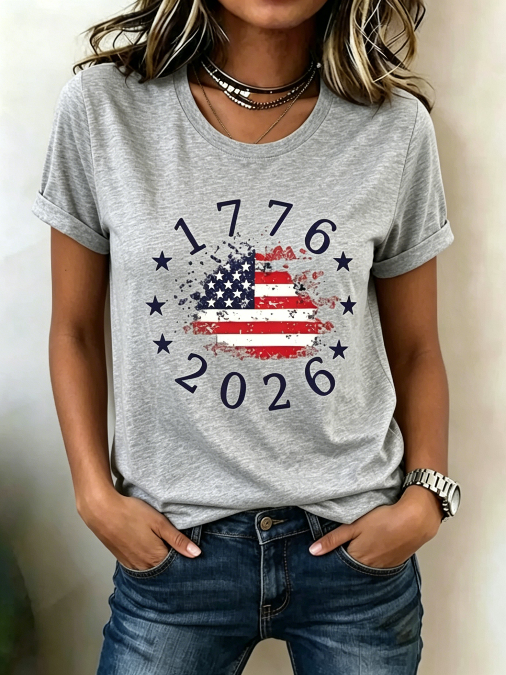 Vintage Distressed 1776-2026 American Flag Star Ring Patriotic Print Crew Neck Oversized Women Casual Short Sleeve T-Shirt