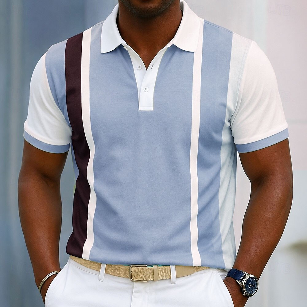 ertical Multi Stripe Color Block Contrast Collar Cuff Golf Polo Shirt for Men