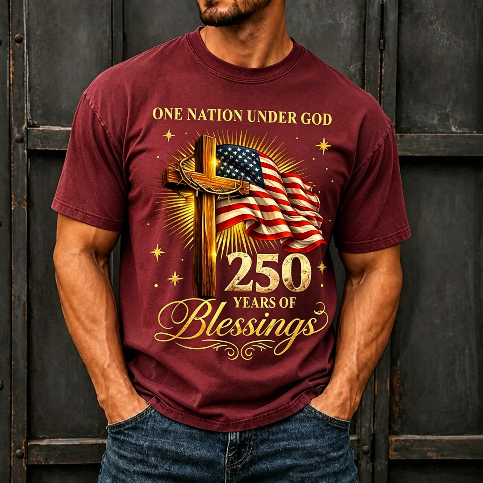 250 Years Blessings Cross Flag Faith Patriotic Crew Neck T-Shirt for Men