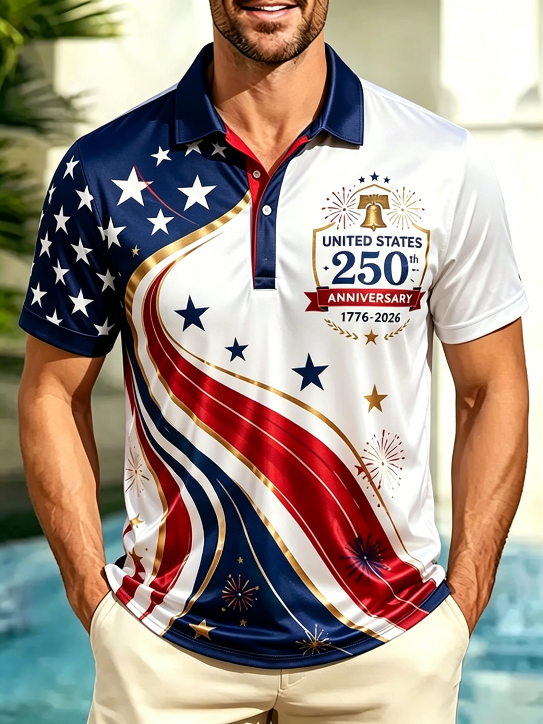 250th Liberty Bell Firework Wave Star Stripe Print Contrast Collar Golf Polo Shirt for Men