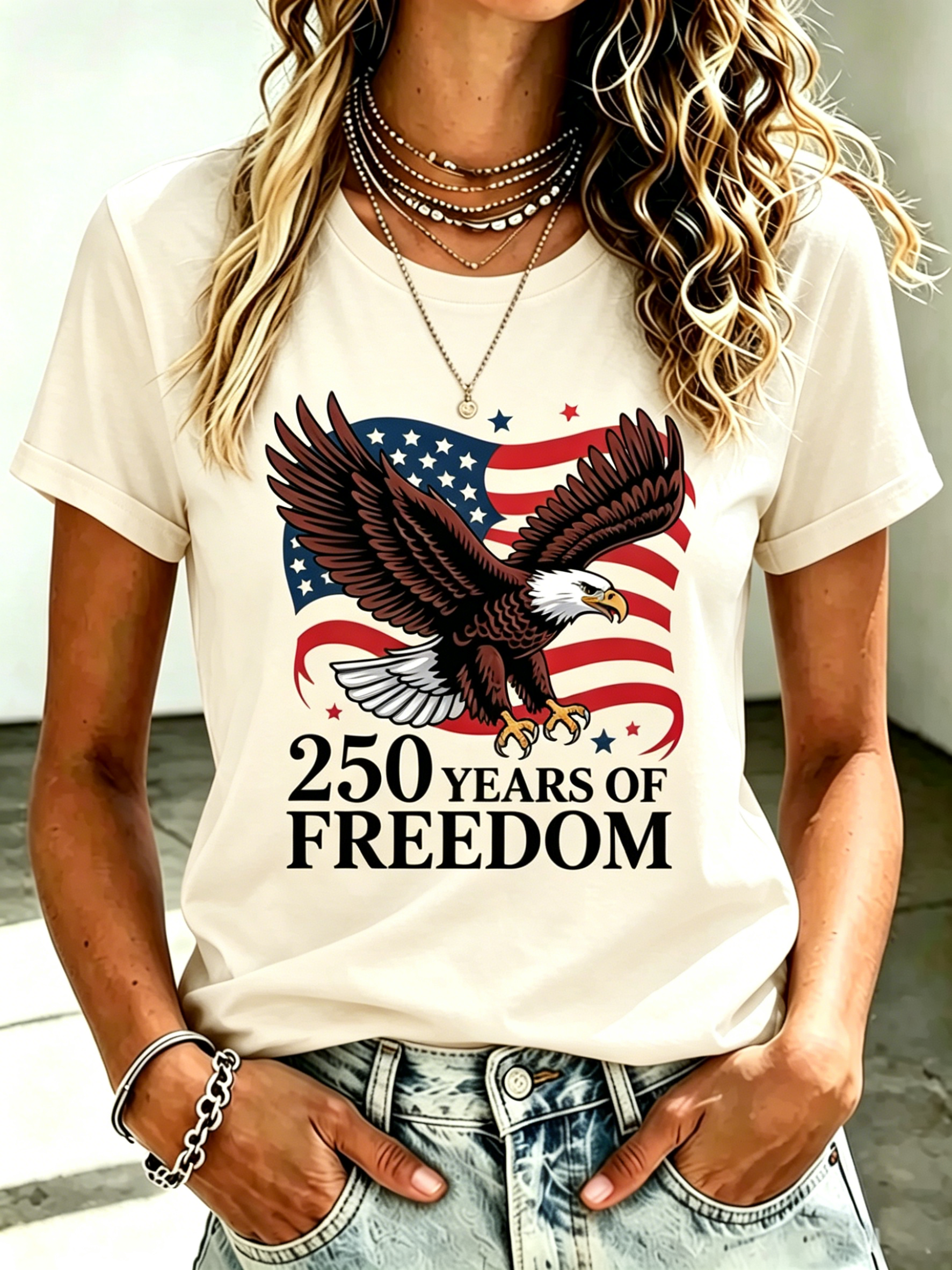 USA Independence Day Bald Eagle American Flag 250th Anniversary Print Oversized Crew Neck Women Casual Short Sleeve T-Shirt