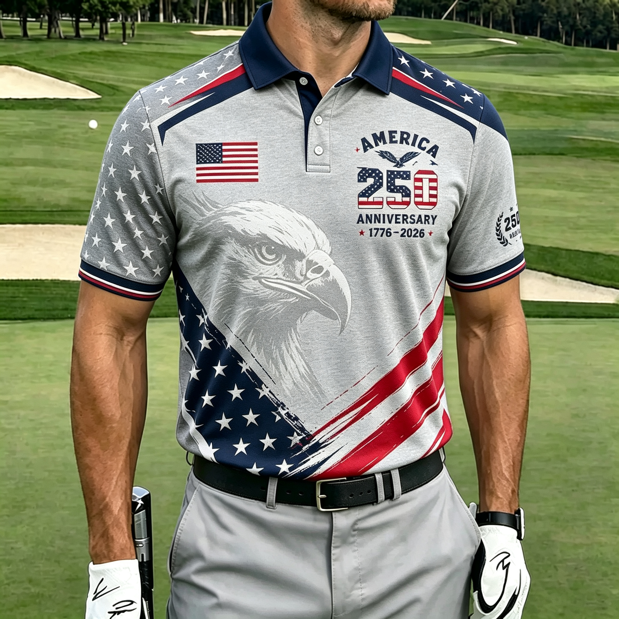 Gradient Star Stripe Flag Bald Eagle America Men Golf Polo
