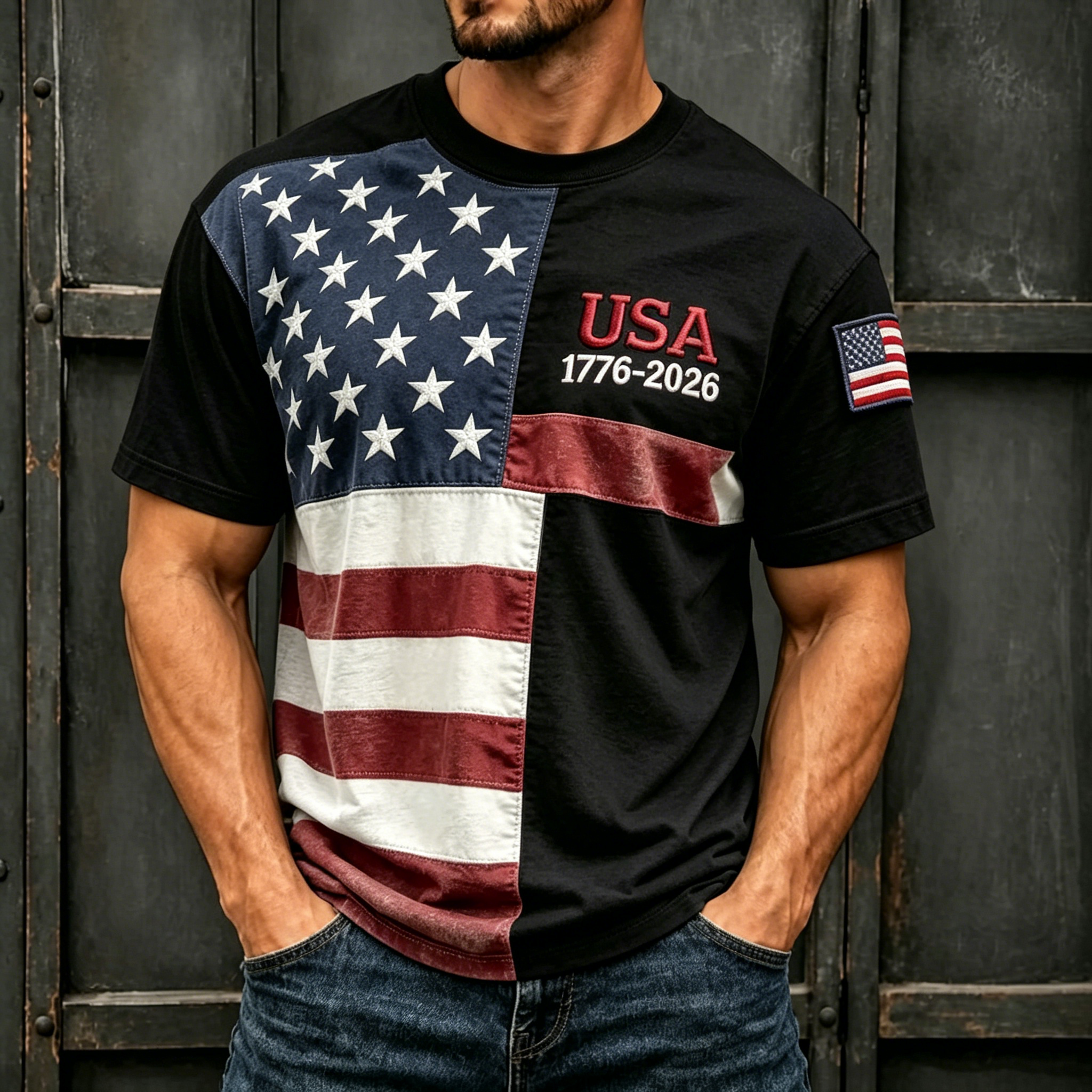 Men’s Patriotic USA 1776-2026 Patchwork Star Stripe Flag Embroidery Crew Neck Short Sleeve T-Shirt