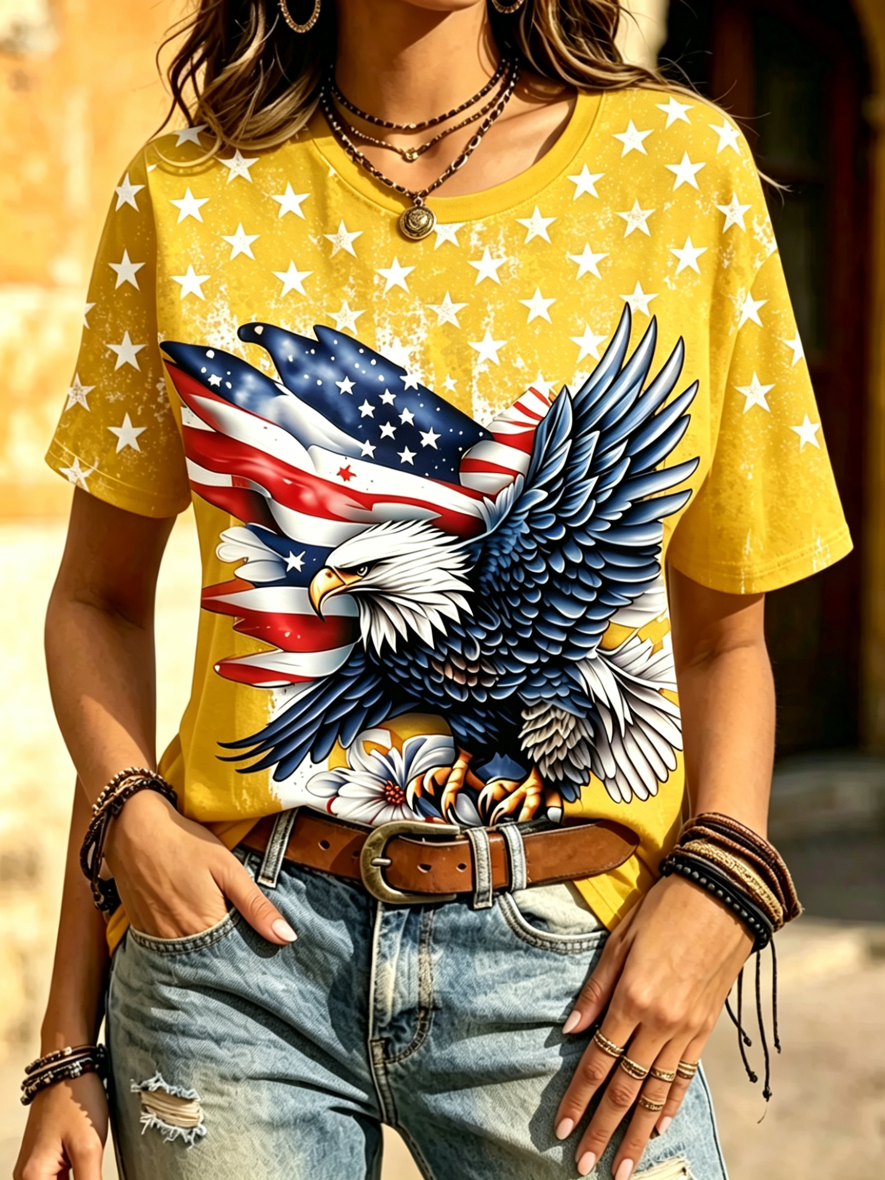 Patriotic Bald Eagle American Flag Print Crew Neck Short Sleeve Casual T-Shirt for Women