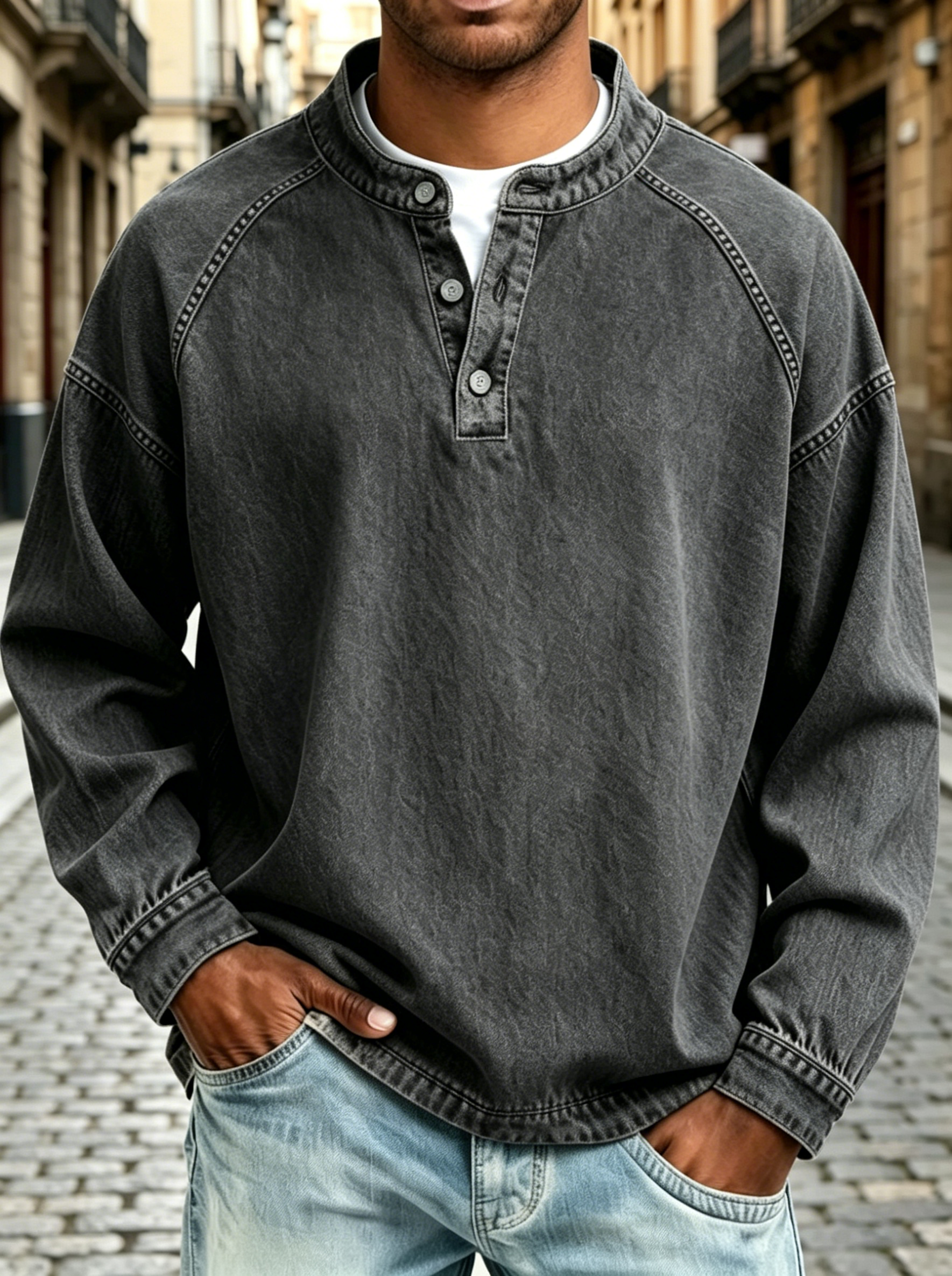 Henley Collar Raglan Sleeve Washed Sweatshirt for Men
