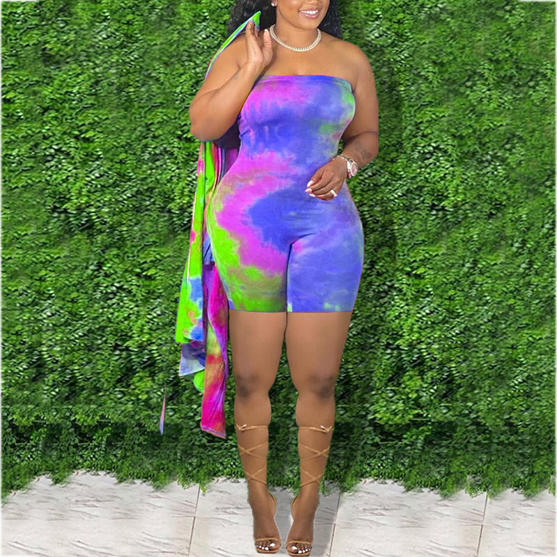 (L-5XL) Cotton tie-dye jumpsuit + long-sleeved cardigan