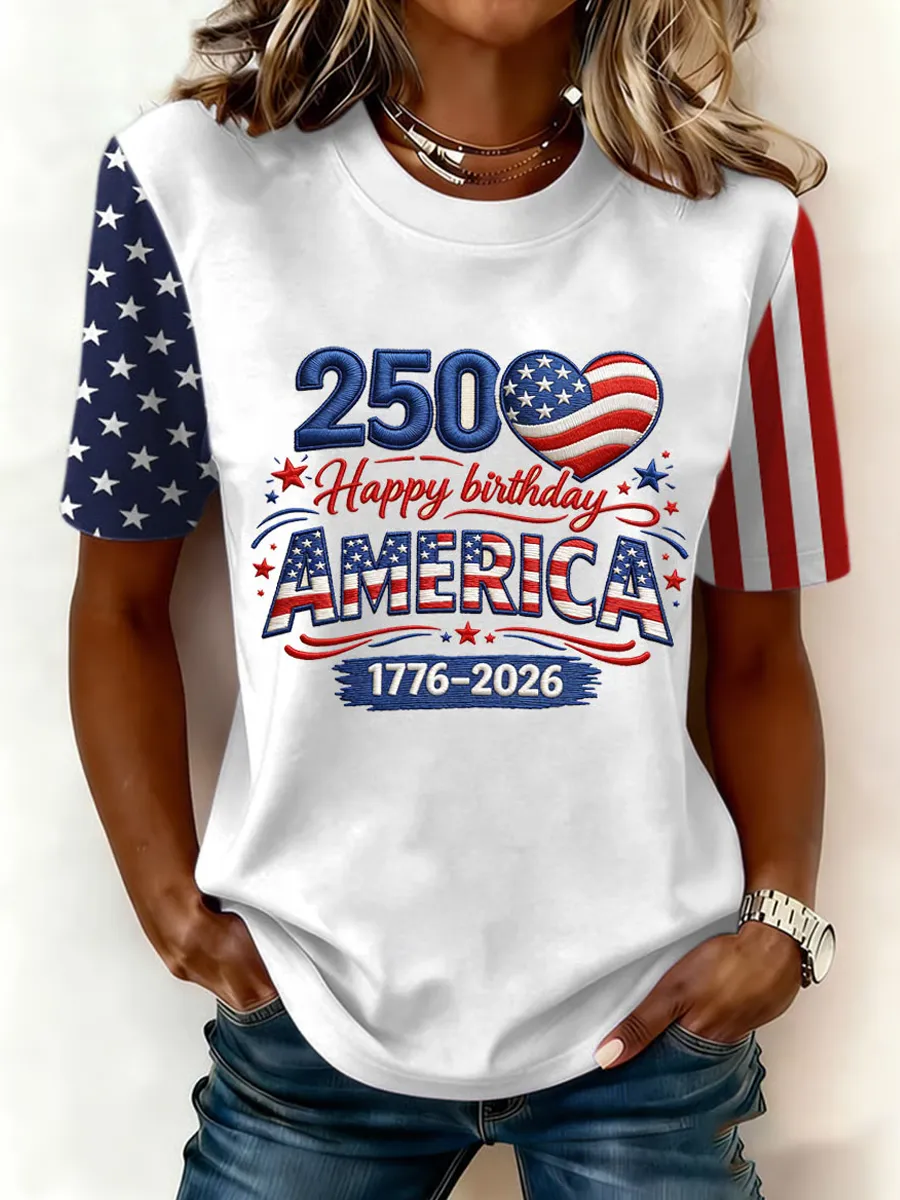 Women’s 250th Independence Day Flag Sleeve T-Shirt, Patriotic “Happy Birthday America” Print Tee